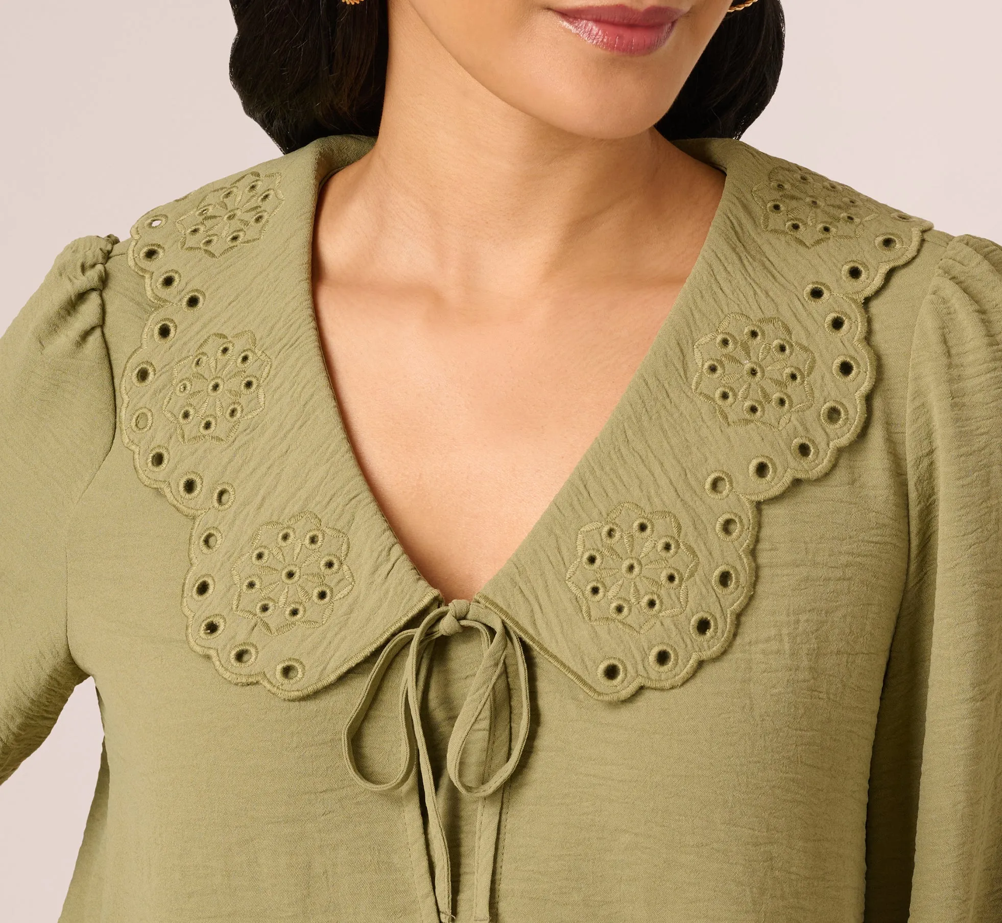 Long Sleeve Embroidered Eyelet Top In Matcha Green sold by Adrianna Papell product image thumbnail 4