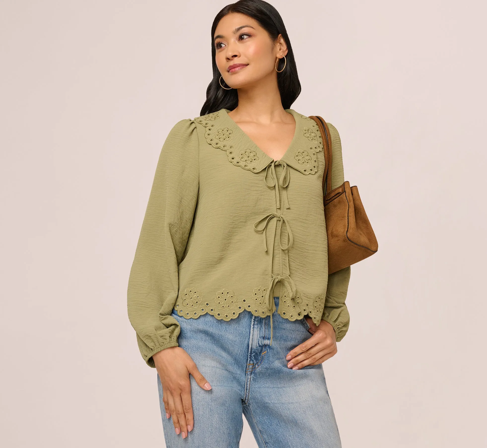 Long Sleeve Embroidered Eyelet Top In Matcha Green sold by Adrianna Papell