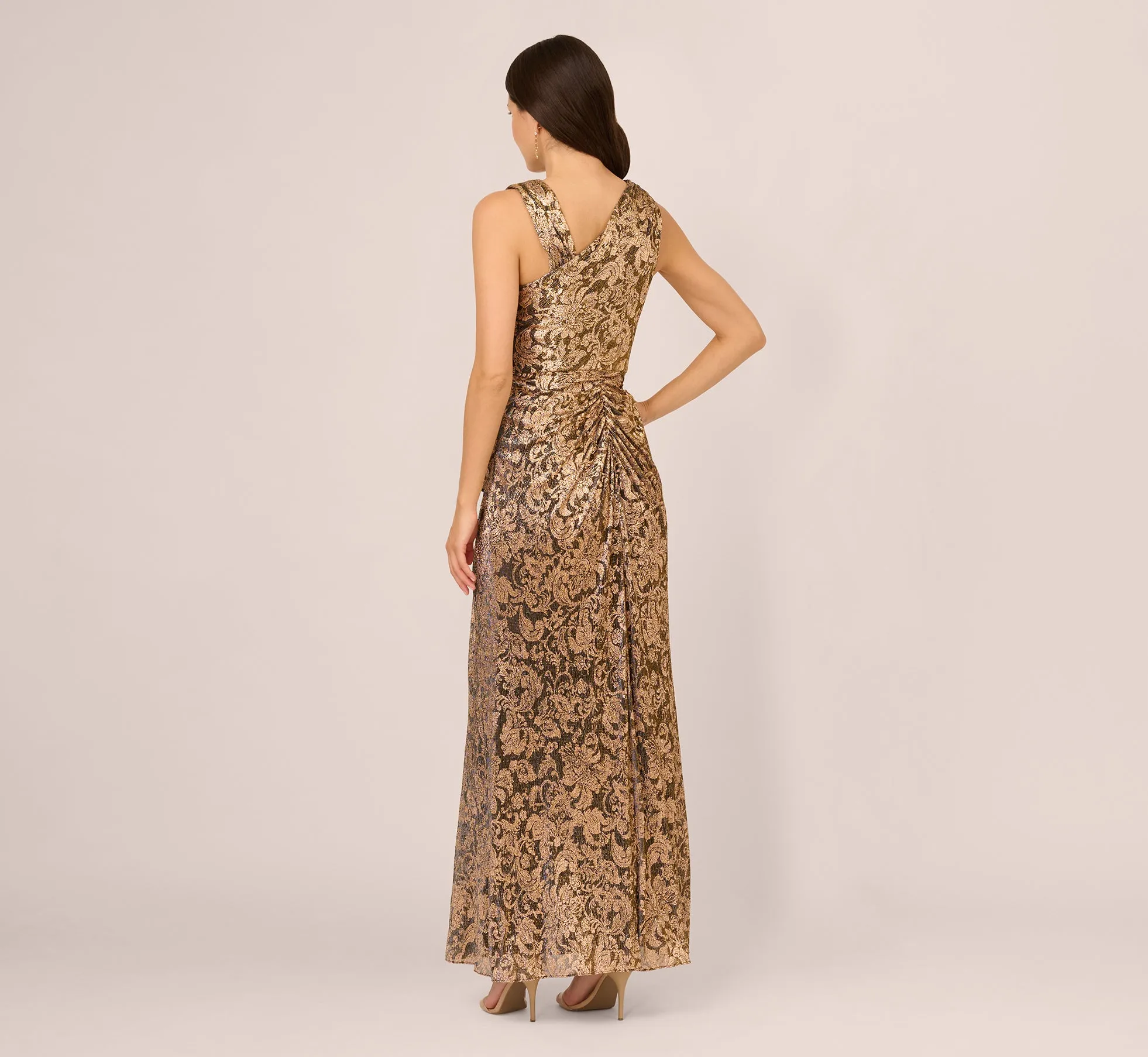 Sleeveless Asymmetrical Damask Metallic Gown In Chocolate sold by Adrianna Papell product image thumbnail 5