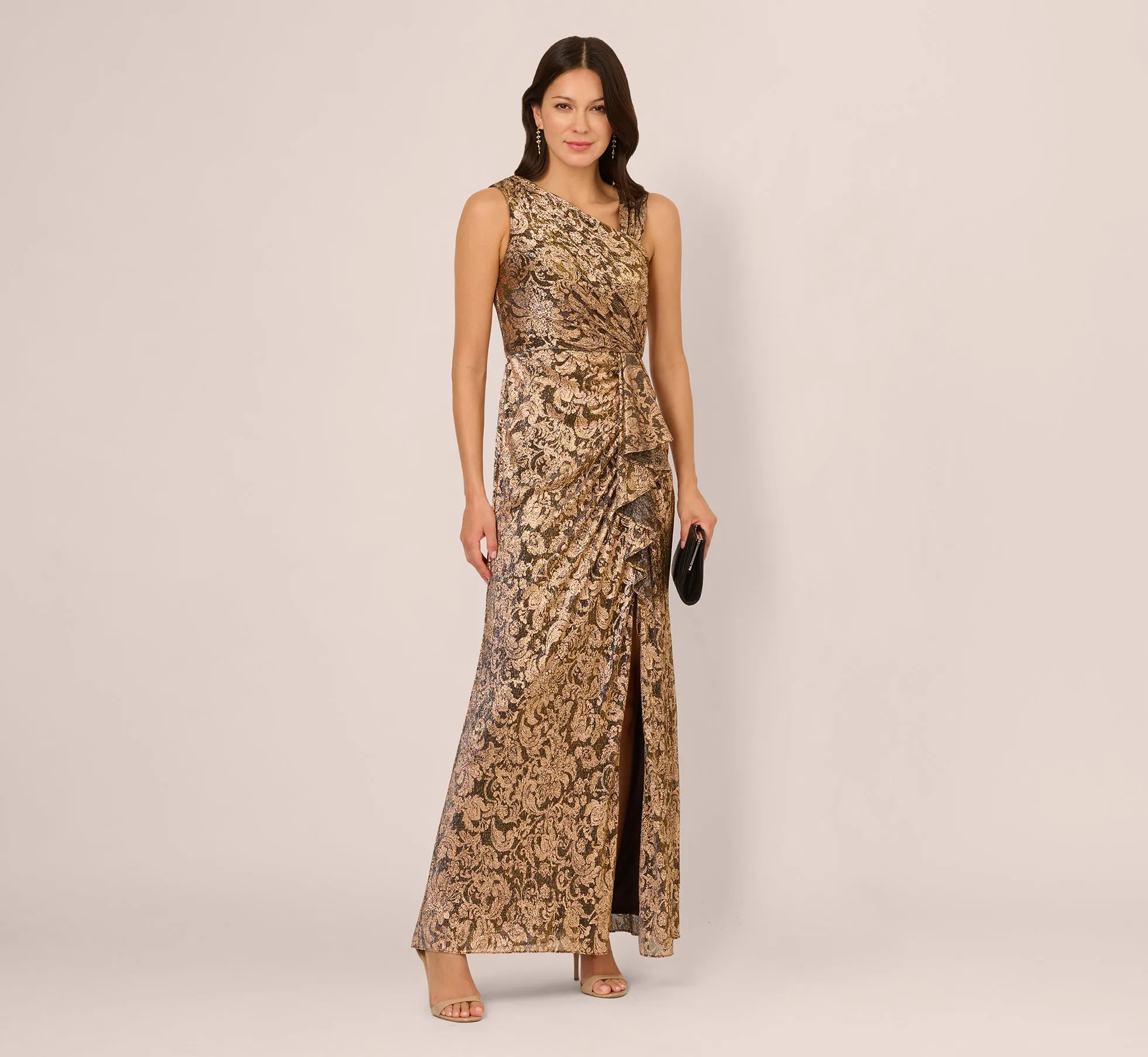 Sleeveless Asymmetrical Damask Metallic Gown In Chocolate sold by Adrianna Papell