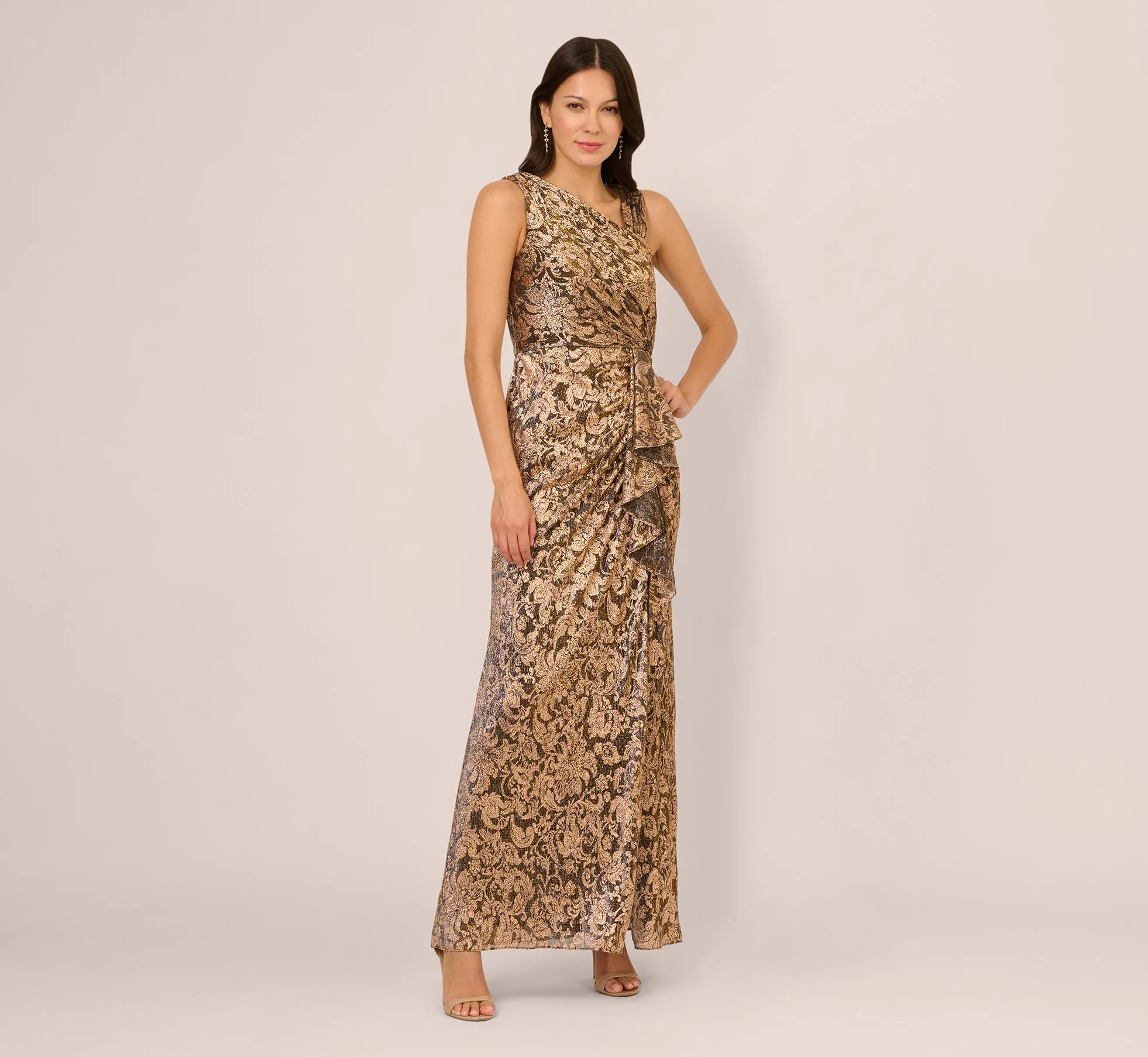 Sleeveless Asymmetrical Damask Metallic Gown In Chocolate sold by Adrianna Papell product image thumbnail 2