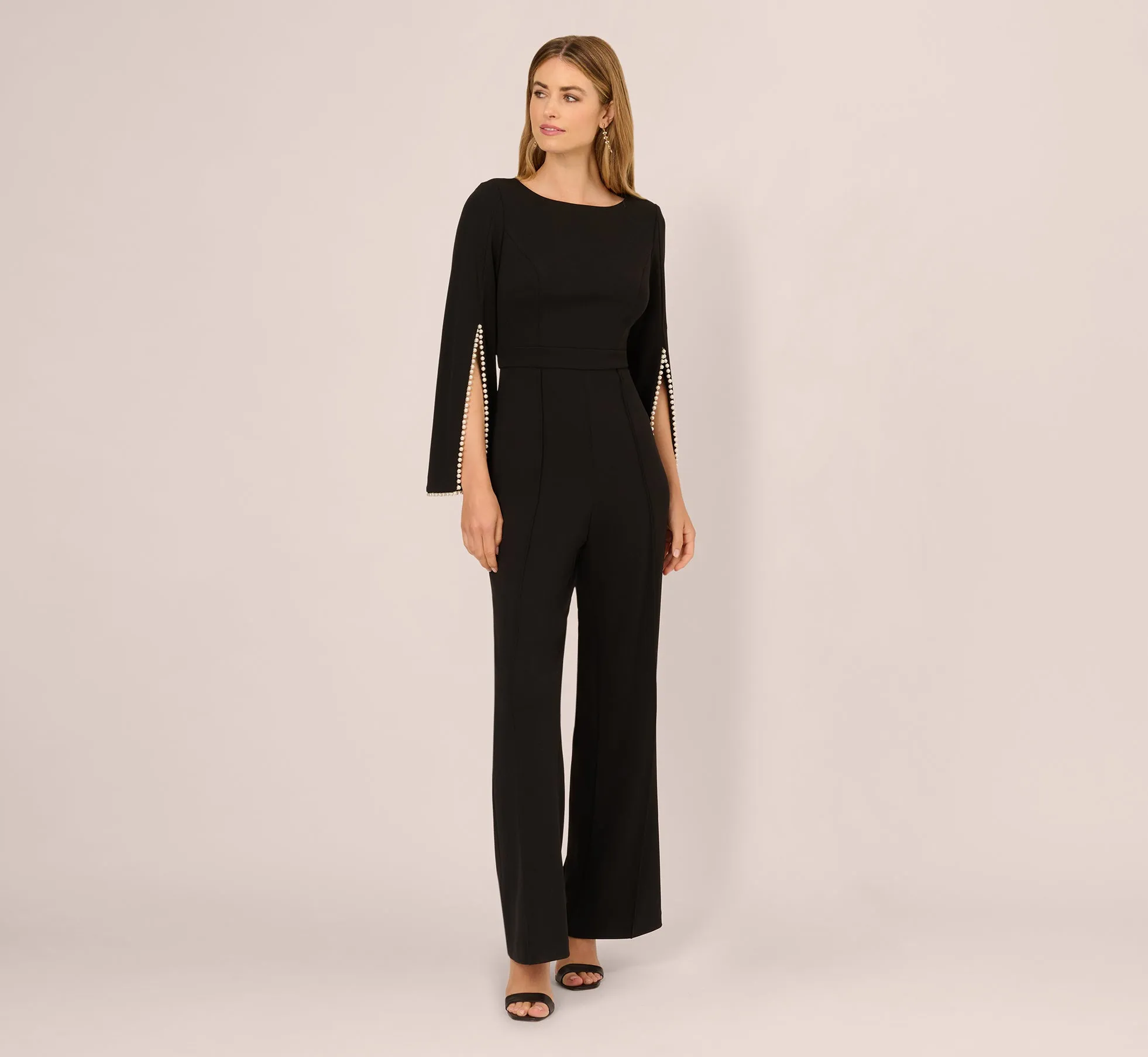 Split Sleeve Pearly Trim Jumpsuit In Black Ivory sold by Adrianna Papell product image thumbnail 3