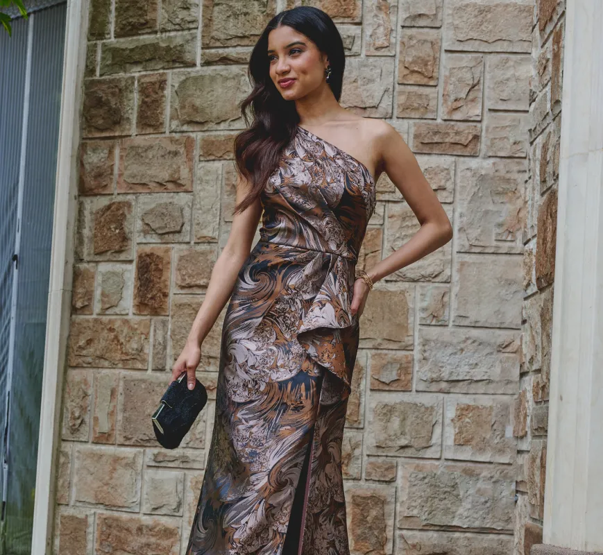 One Shoulder Jacquard Mermaid Gown With Drape Detail In Copper Chocolate sold by Adrianna Papell