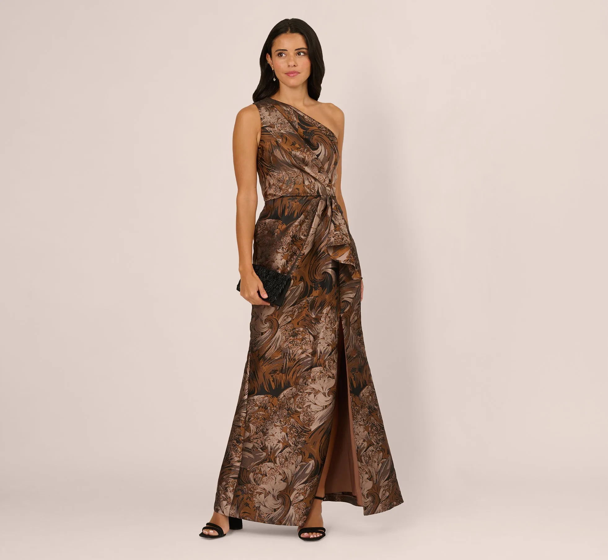 One Shoulder Jacquard Mermaid Gown With Drape Detail In Copper Chocolate sold by Adrianna Papell product image thumbnail 2