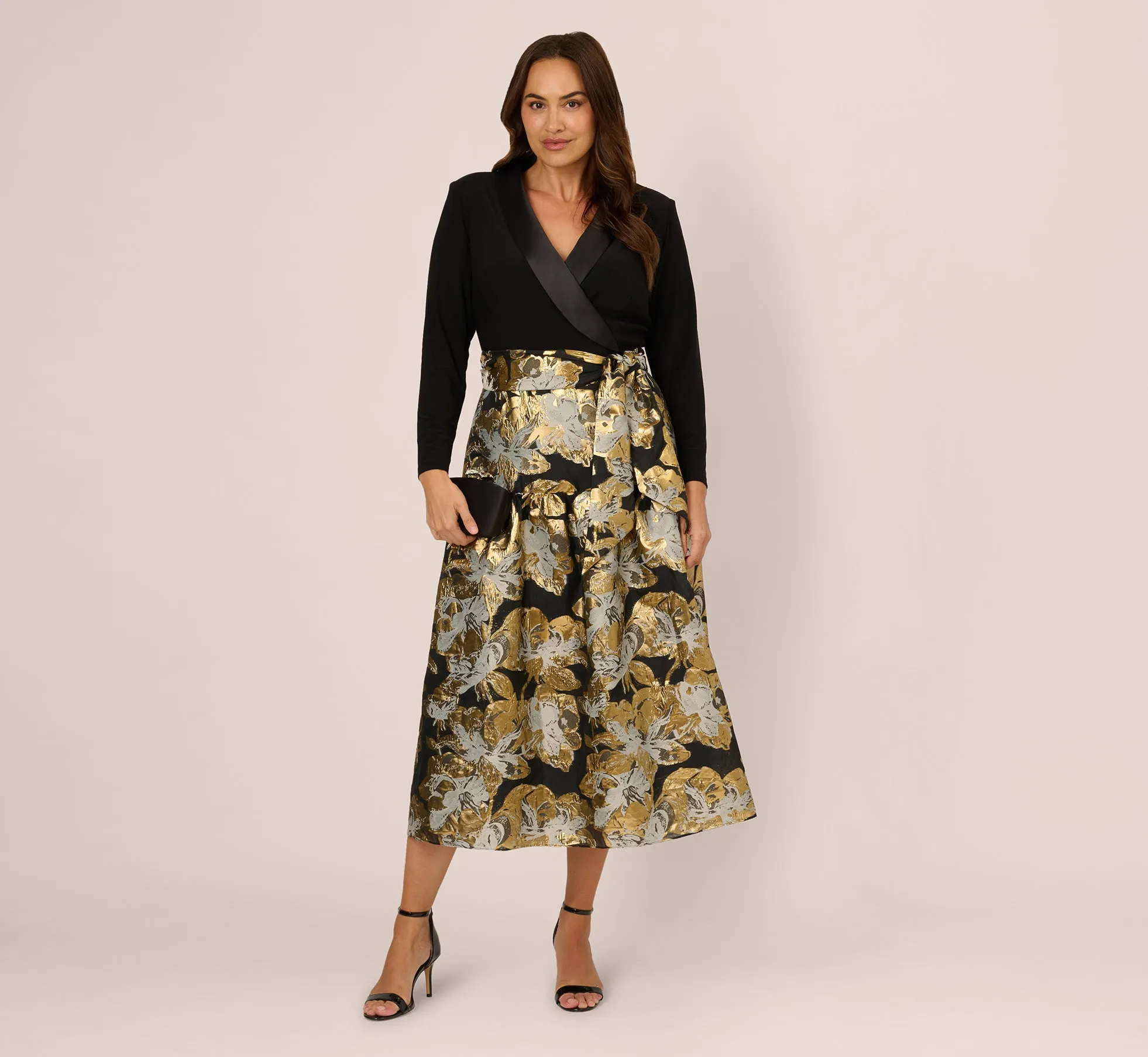 Plus Size Combo Floral Jacquard Dress In Black Gold sold by Adrianna Papell