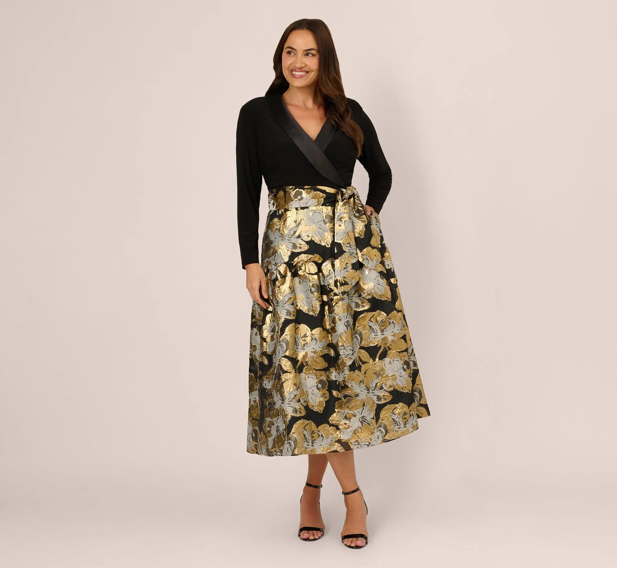 Plus Size Combo Floral Jacquard Dress In Black Gold sold by Adrianna Papell product image thumbnail 2