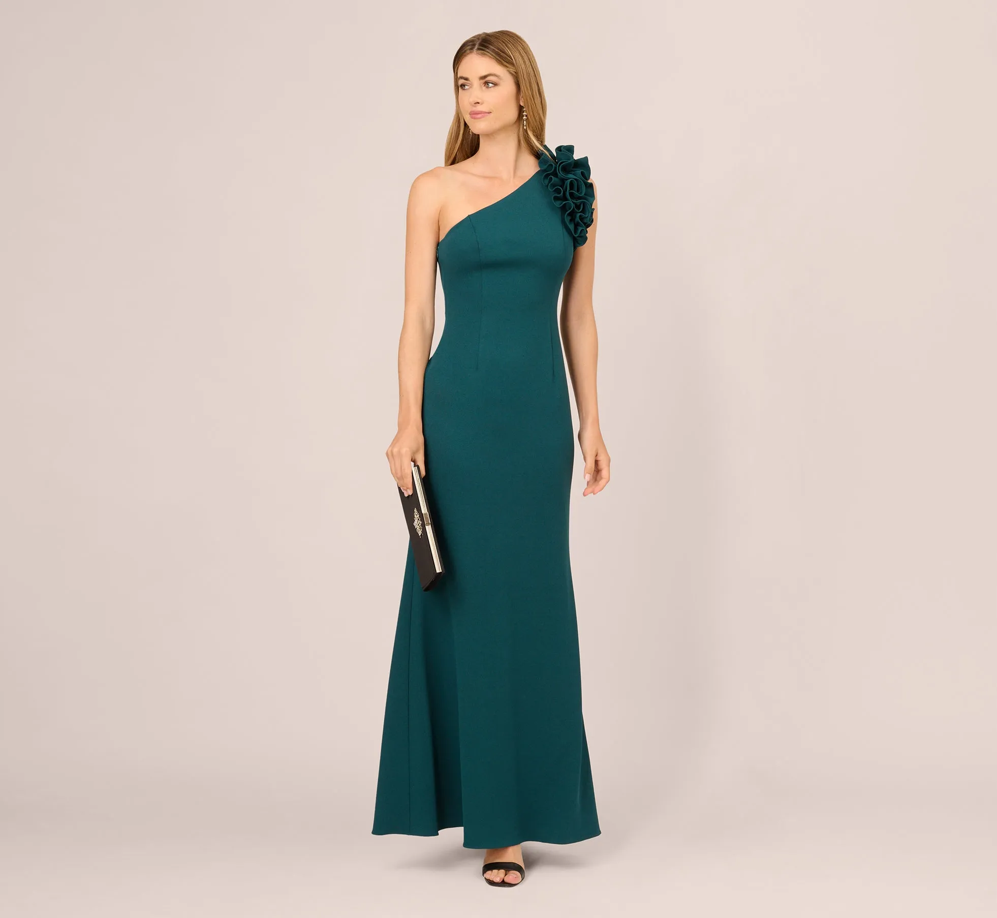 One Shoulder Ruffle Mermaid Gown In Hunter sold by Adrianna Papell