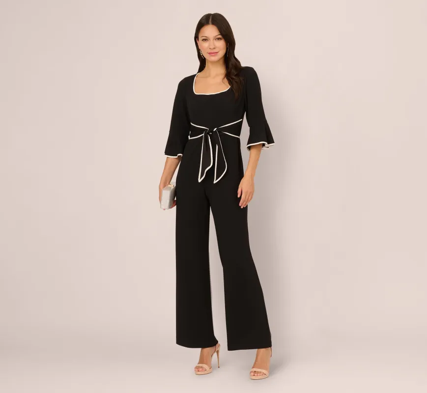 Bell Sleeve Tie Front Contrast Tipped Jumpsuit In Black Ivory sold by Adrianna Papell
