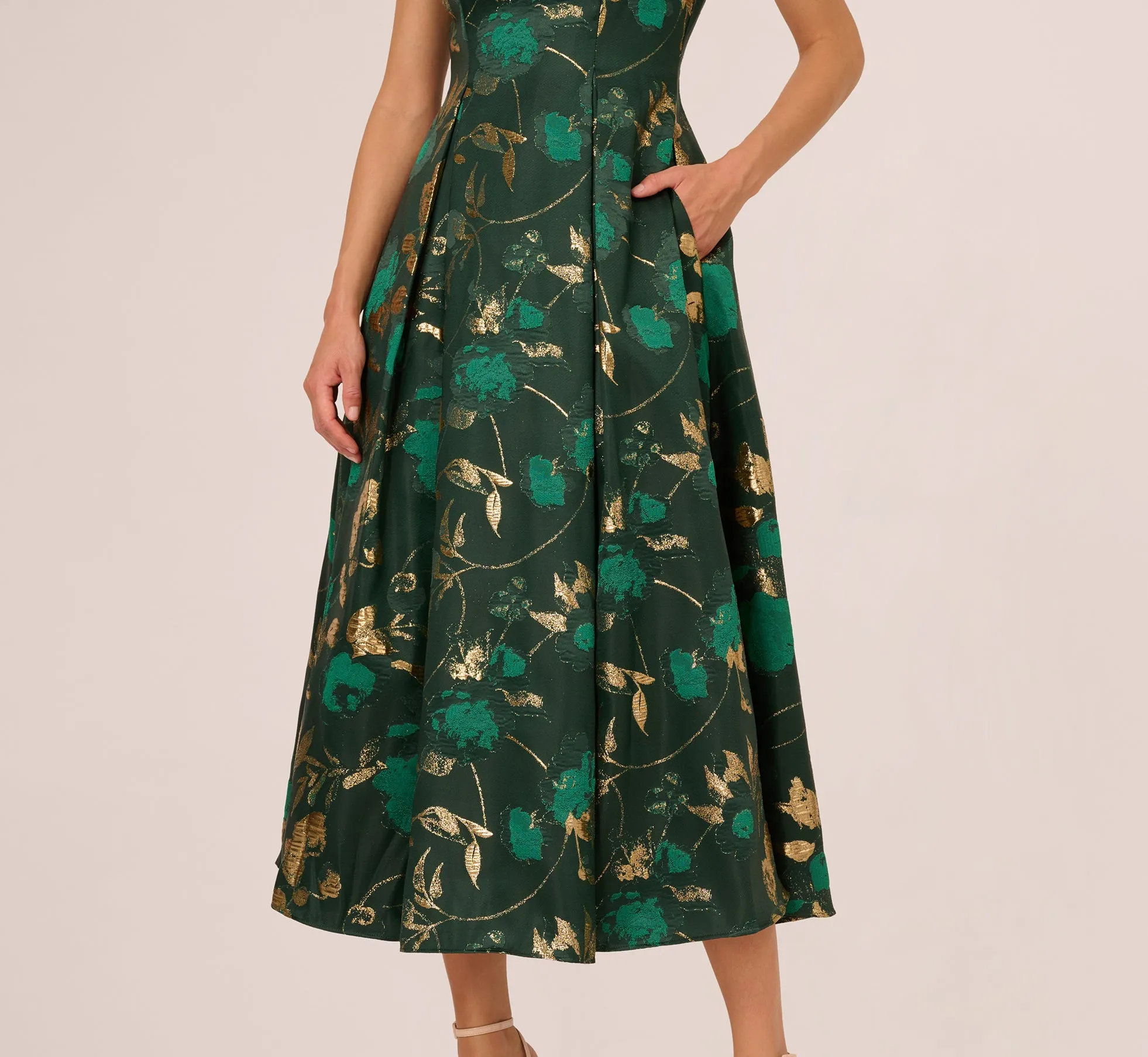 Off Shoulder Metallic Jacquard Midi Dress In Hunter Gold sold by Adrianna Papell product image thumbnail 4