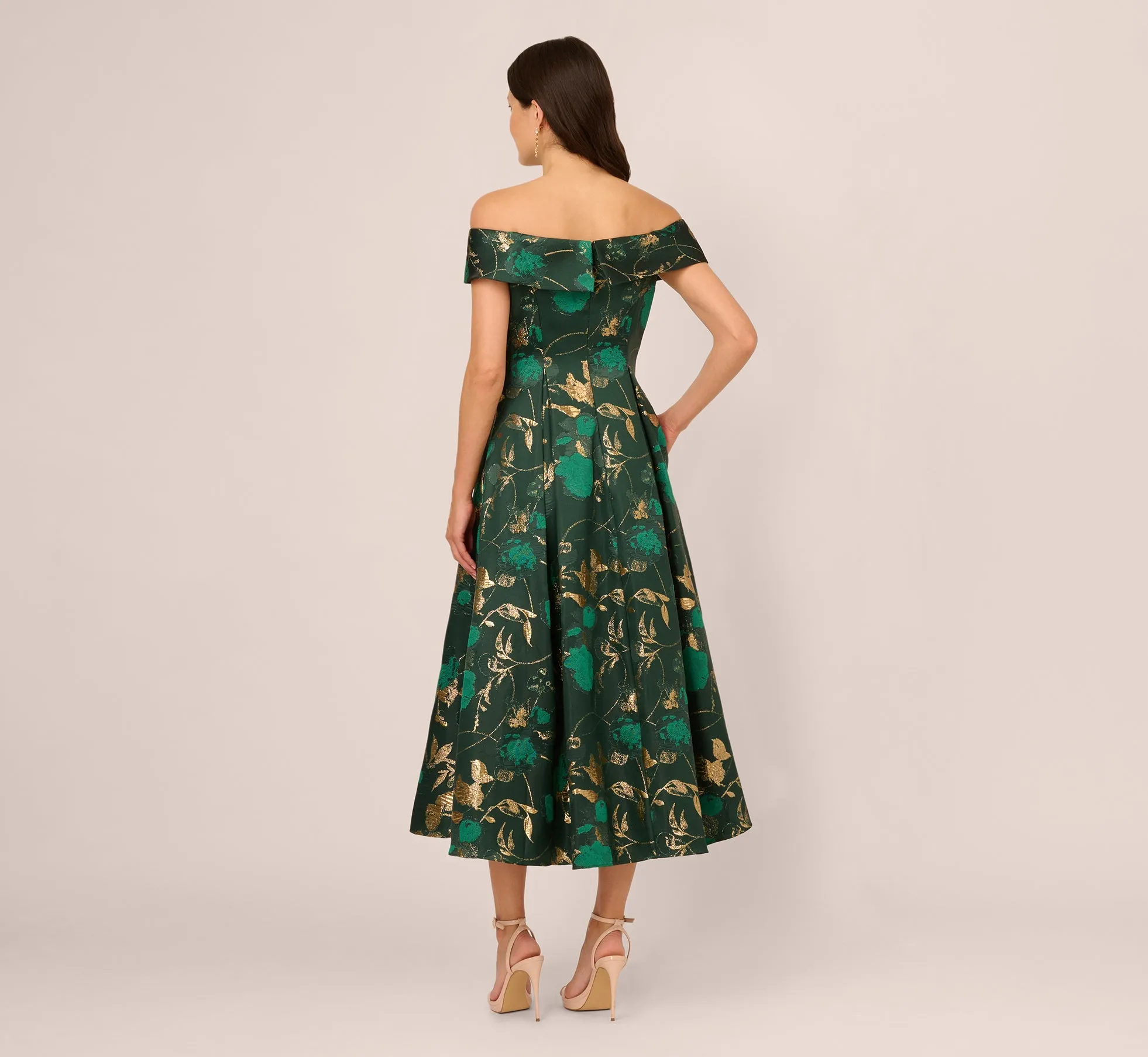 Off Shoulder Metallic Jacquard Midi Dress In Hunter Gold sold by Adrianna Papell product image thumbnail 5
