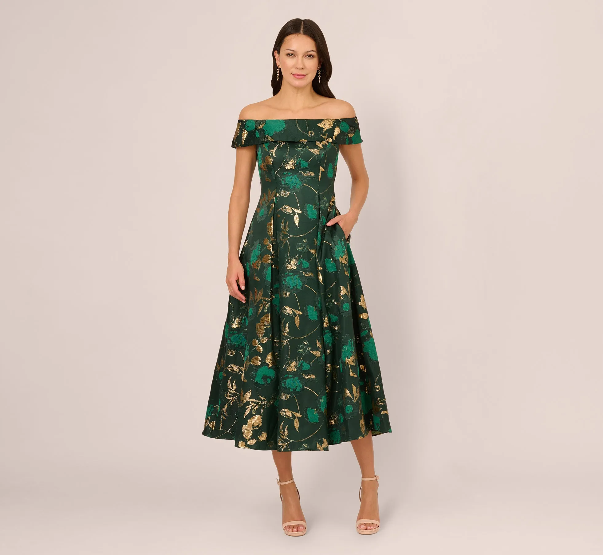 Off Shoulder Metallic Jacquard Midi Dress In Hunter Gold sold by Adrianna Papell product image thumbnail 2
