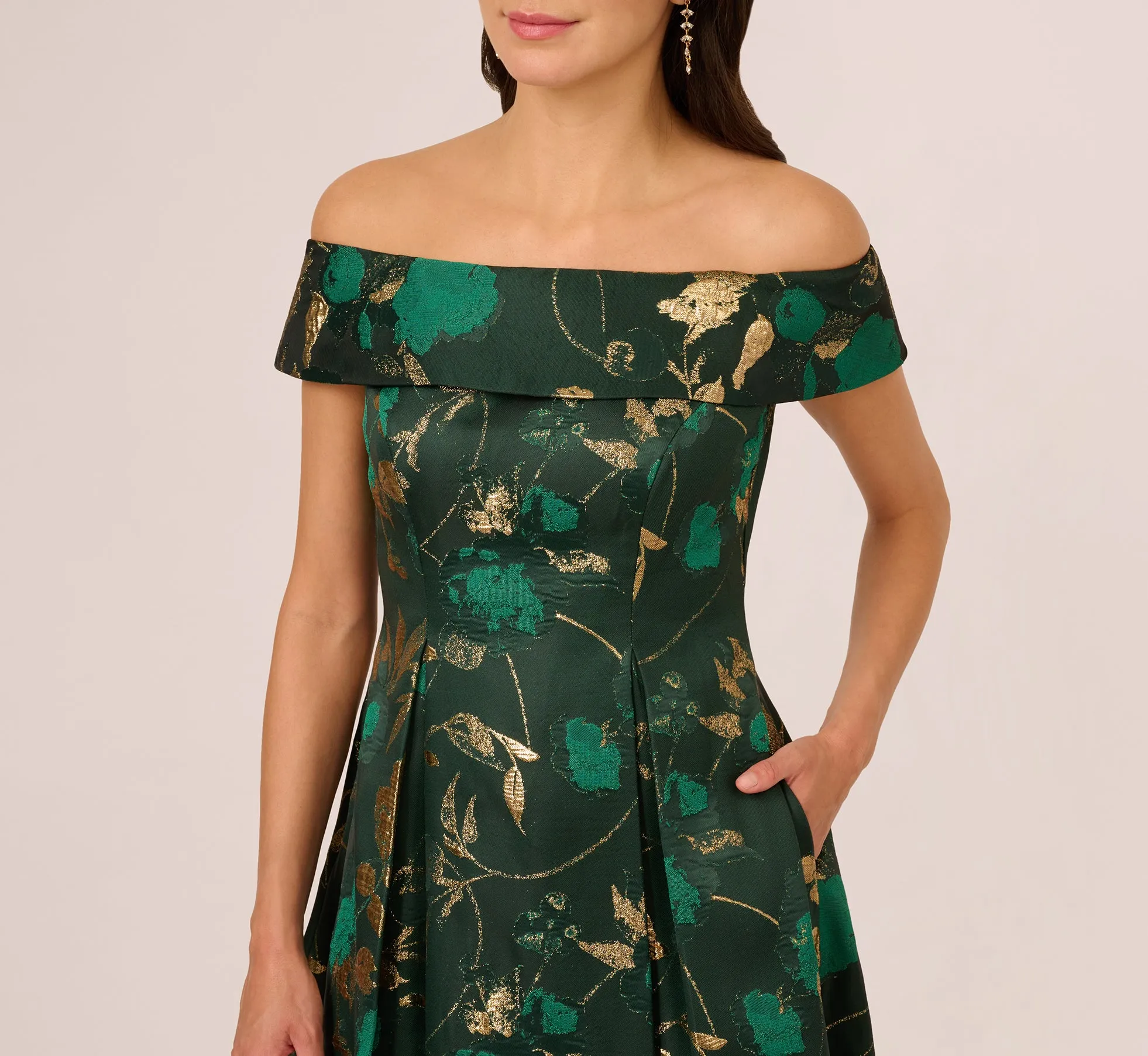Off Shoulder Metallic Jacquard Midi Dress In Hunter Gold sold by Adrianna Papell product image thumbnail 3