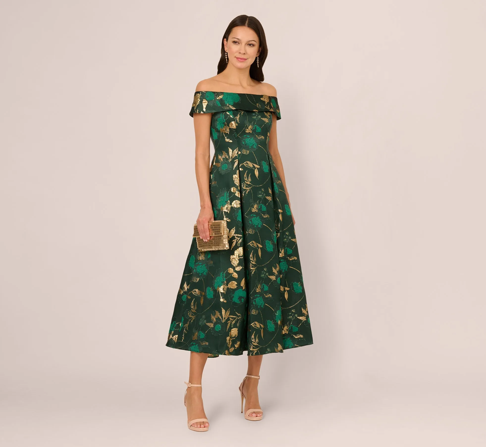 Off Shoulder Metallic Jacquard Midi Dress In Hunter Gold sold by Adrianna Papell
