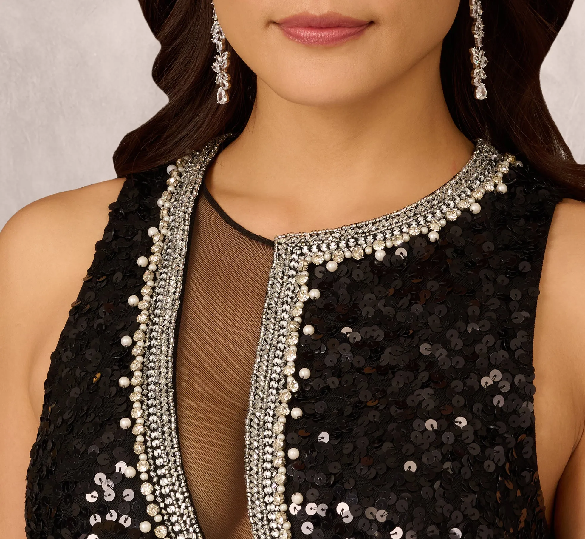Sleeveless Asymmetrical Illusion Sequin Gown In Black sold by Adrianna Papell product image thumbnail 3
