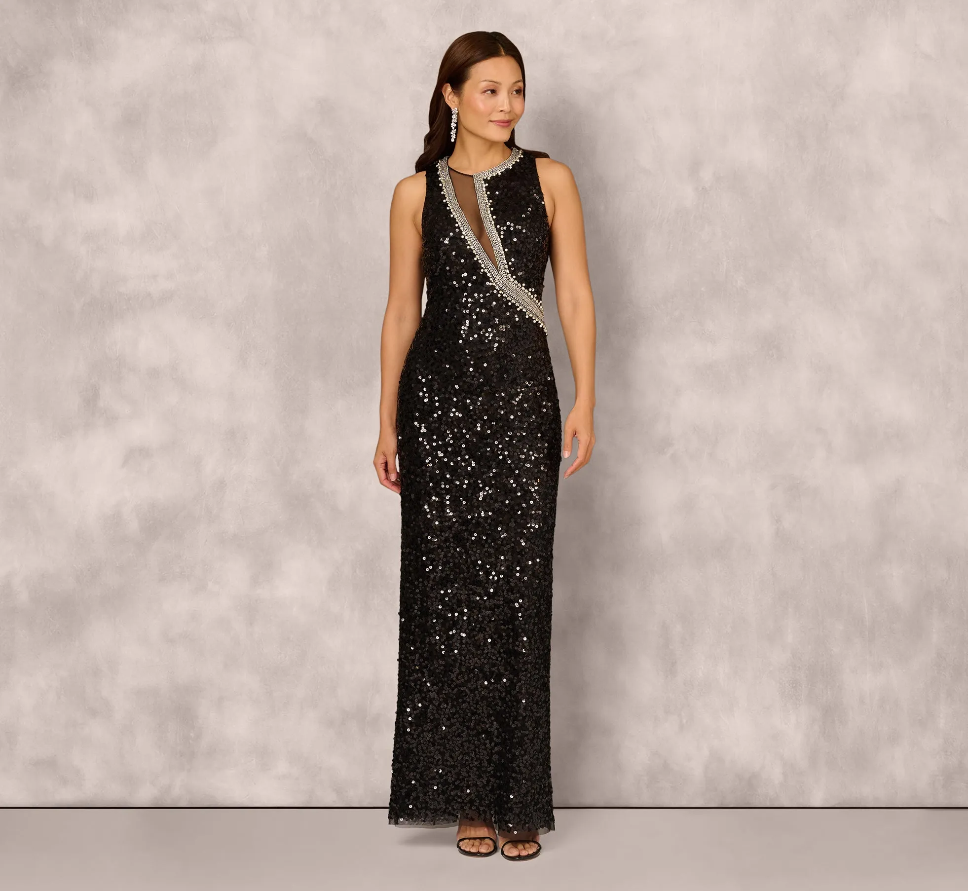 Sleeveless Asymmetrical Illusion Sequin Gown In Black sold by Adrianna Papell product image thumbnail 2