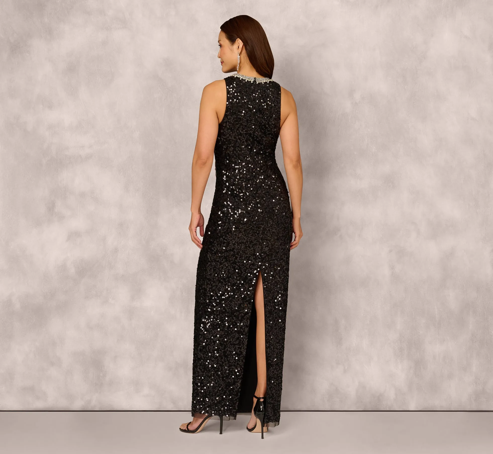 Sleeveless Asymmetrical Illusion Sequin Gown In Black sold by Adrianna Papell product image thumbnail 5