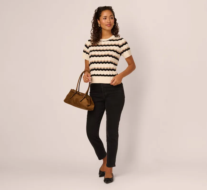 Short Sleeve Pointelle Stripe Sweater In Cream Black Camel sold by Adrianna Papell