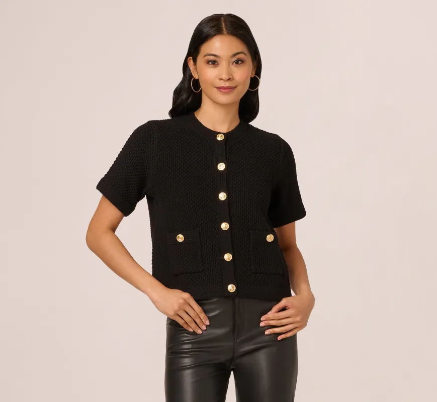 Short Sleeve Textured Cardigan Sweater In Black sold by Adrianna Papell