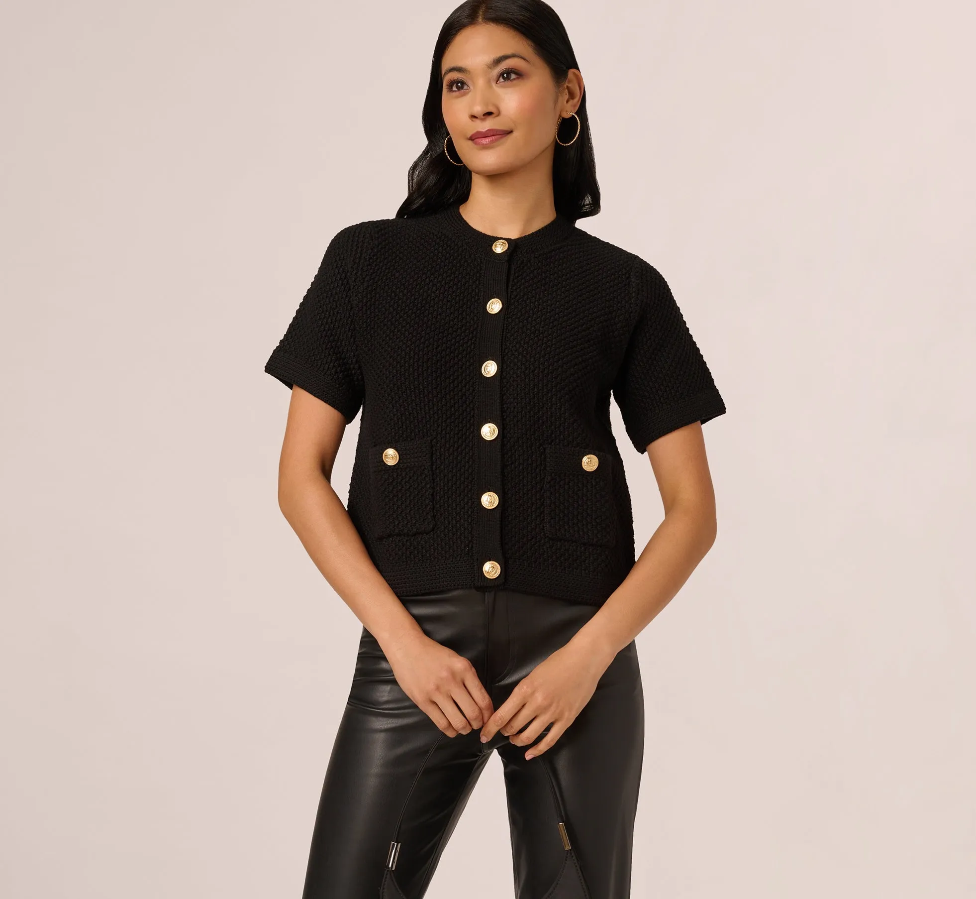 Short Sleeve Textured Cardigan Sweater In Black sold by Adrianna Papell product image thumbnail 2