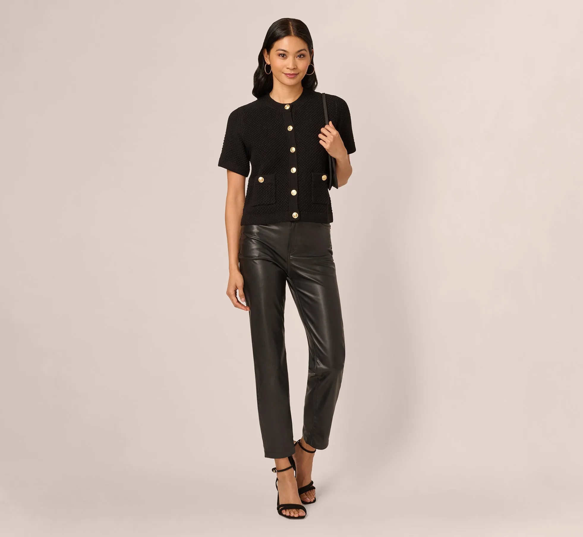 Short Sleeve Textured Cardigan Sweater In Black sold by Adrianna Papell product image thumbnail 5