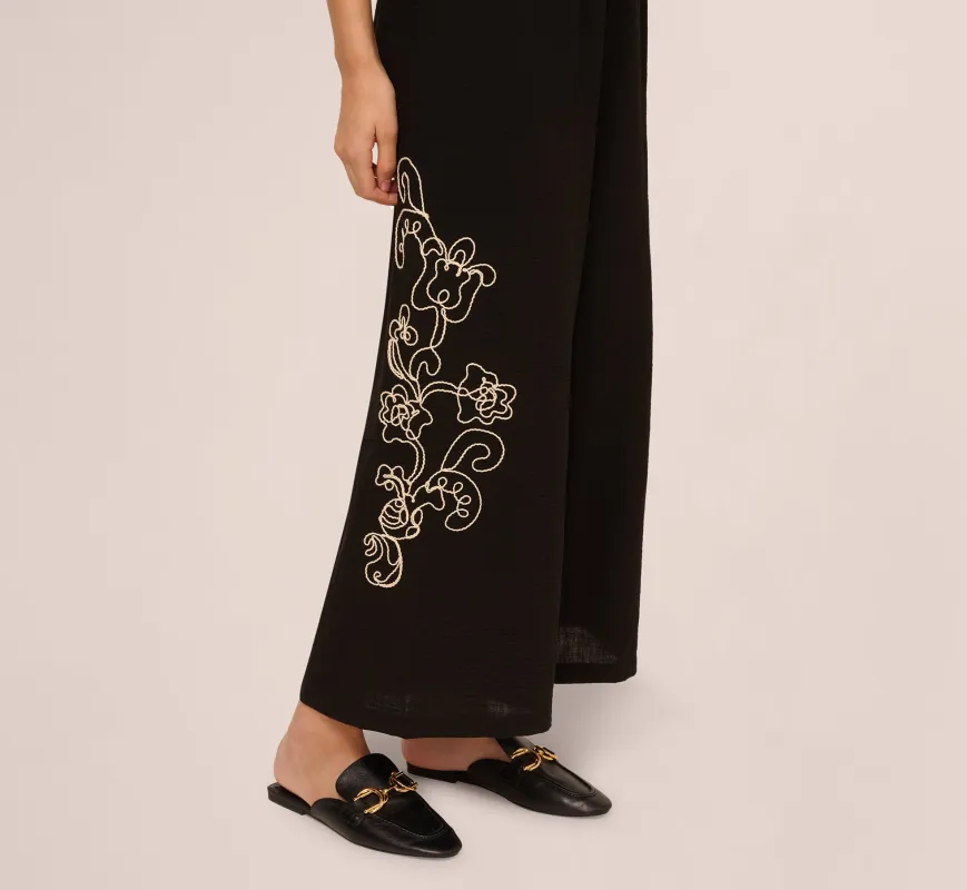 Wide Leg Floral Embroidered Pant In Black Cream sold by Adrianna Papell