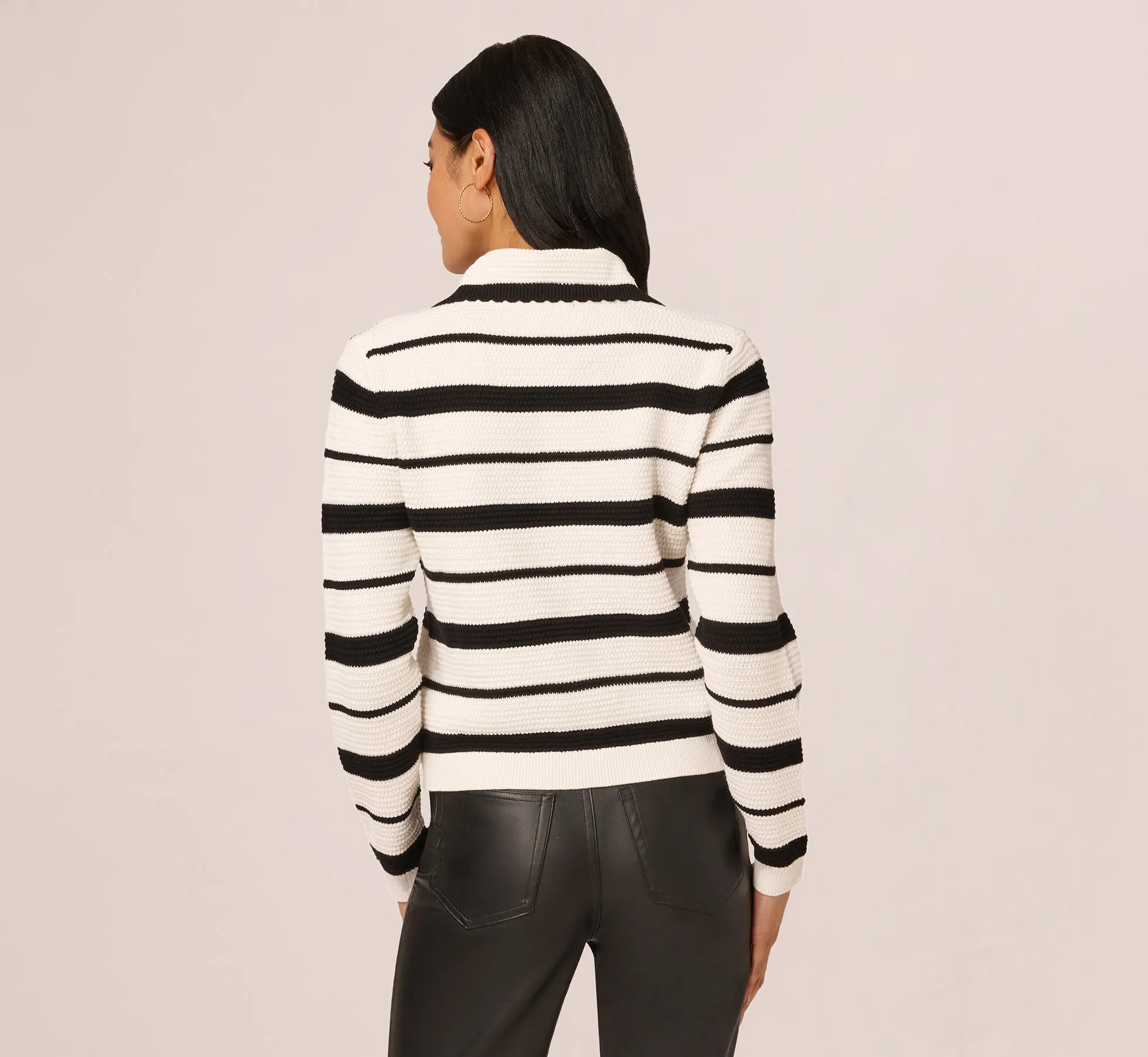 Long Sleeve Striped Polo Sweater Top In Ivory Black sold by Adrianna Papell product image thumbnail 4