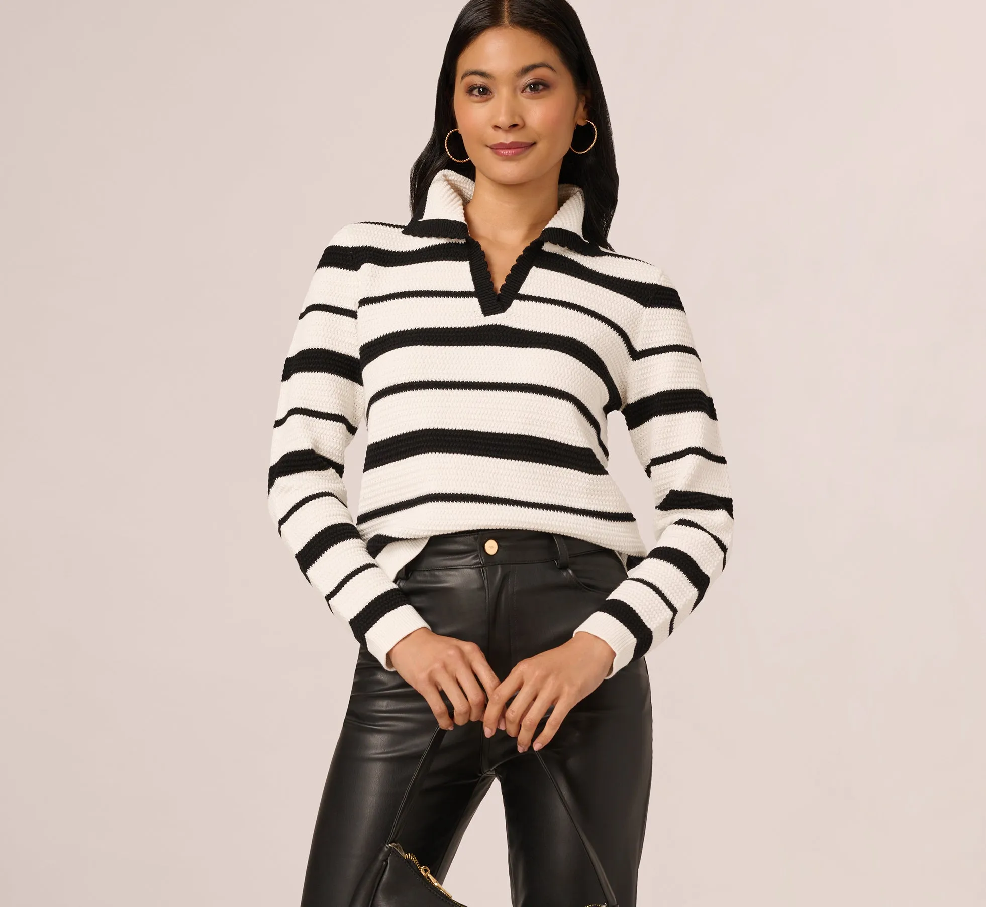 Long Sleeve Striped Polo Sweater Top In Ivory Black sold by Adrianna Papell product image thumbnail 5
