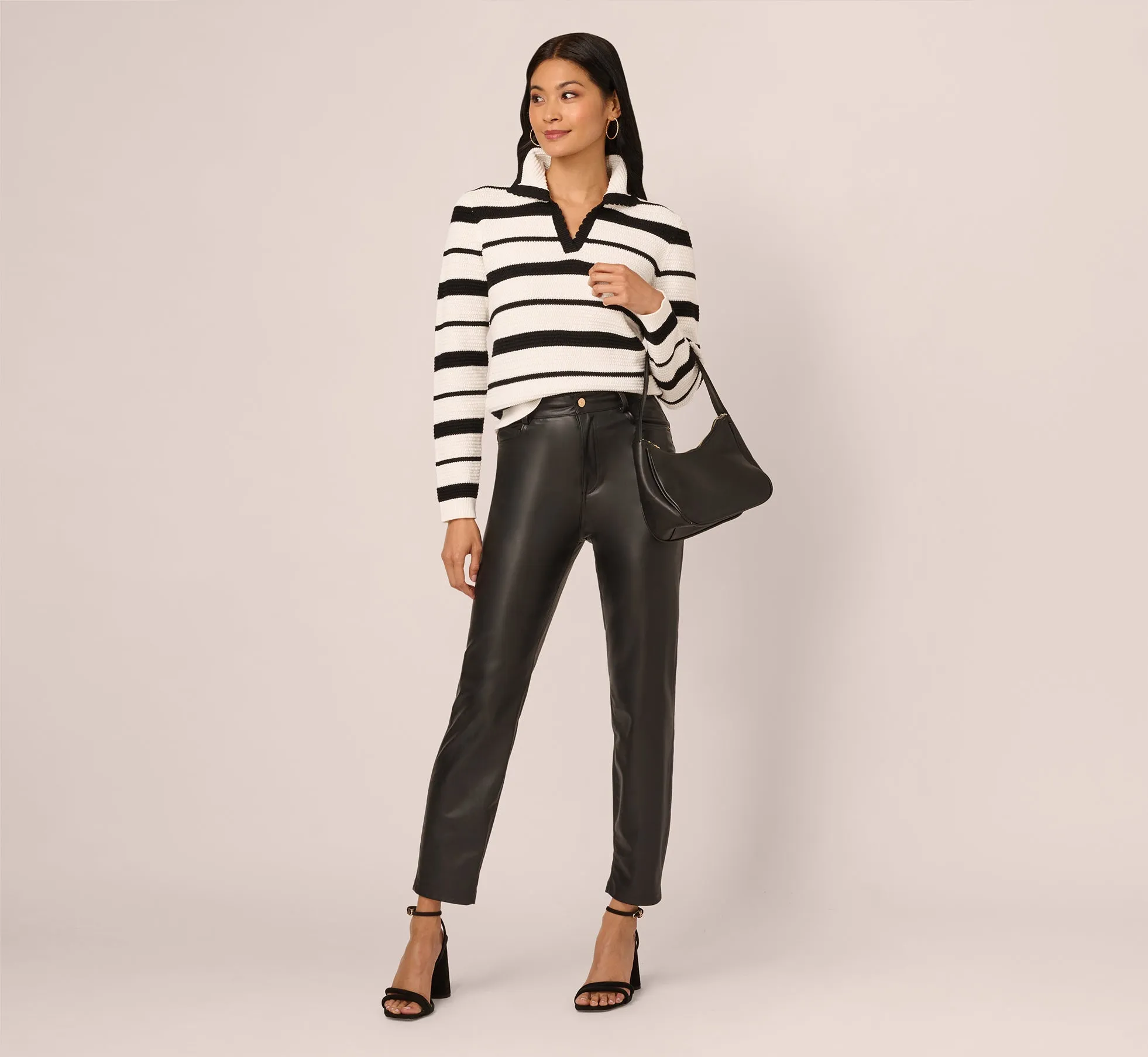 Long Sleeve Striped Polo Sweater Top In Ivory Black sold by Adrianna Papell product image thumbnail 2