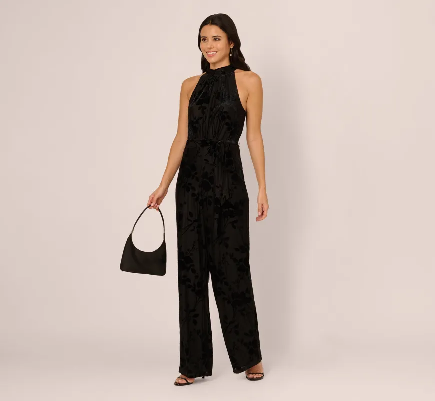 Sleeveless Floral Burnout Velvet Jumpsuit In Black sold by Adrianna Papell