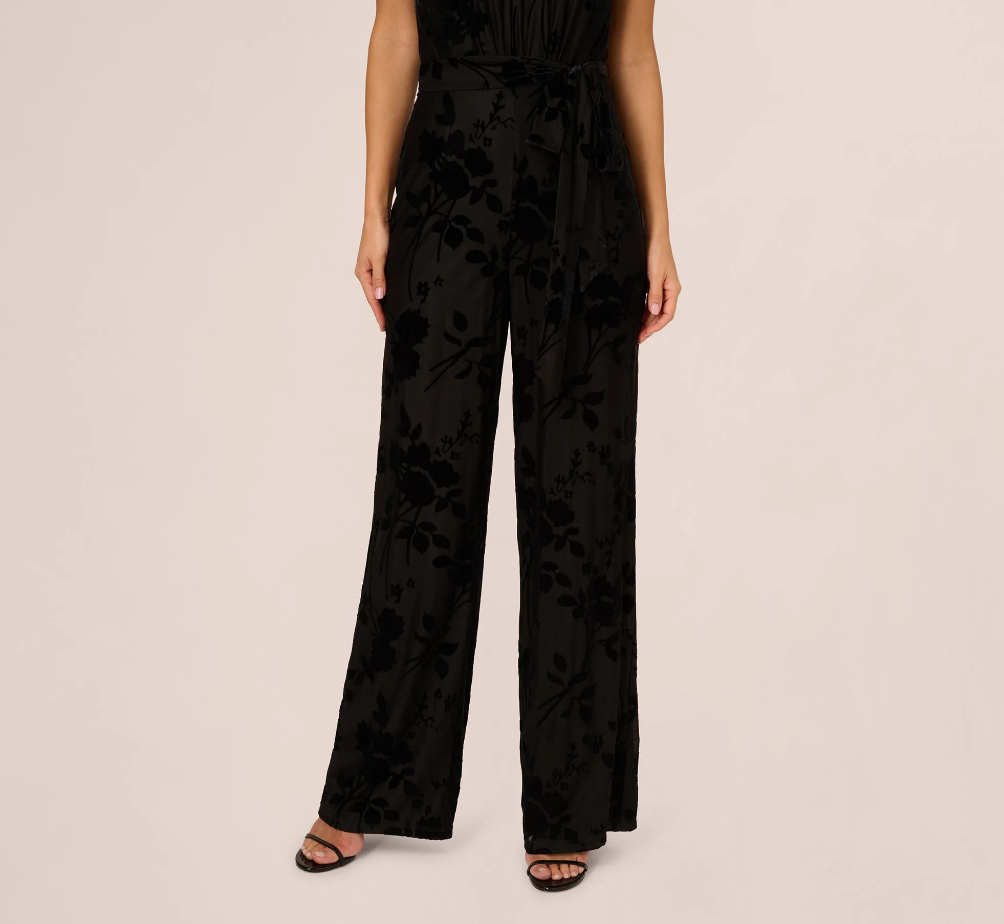 Sleeveless Floral Burnout Velvet Jumpsuit In Black sold by Adrianna Papell product image thumbnail 4