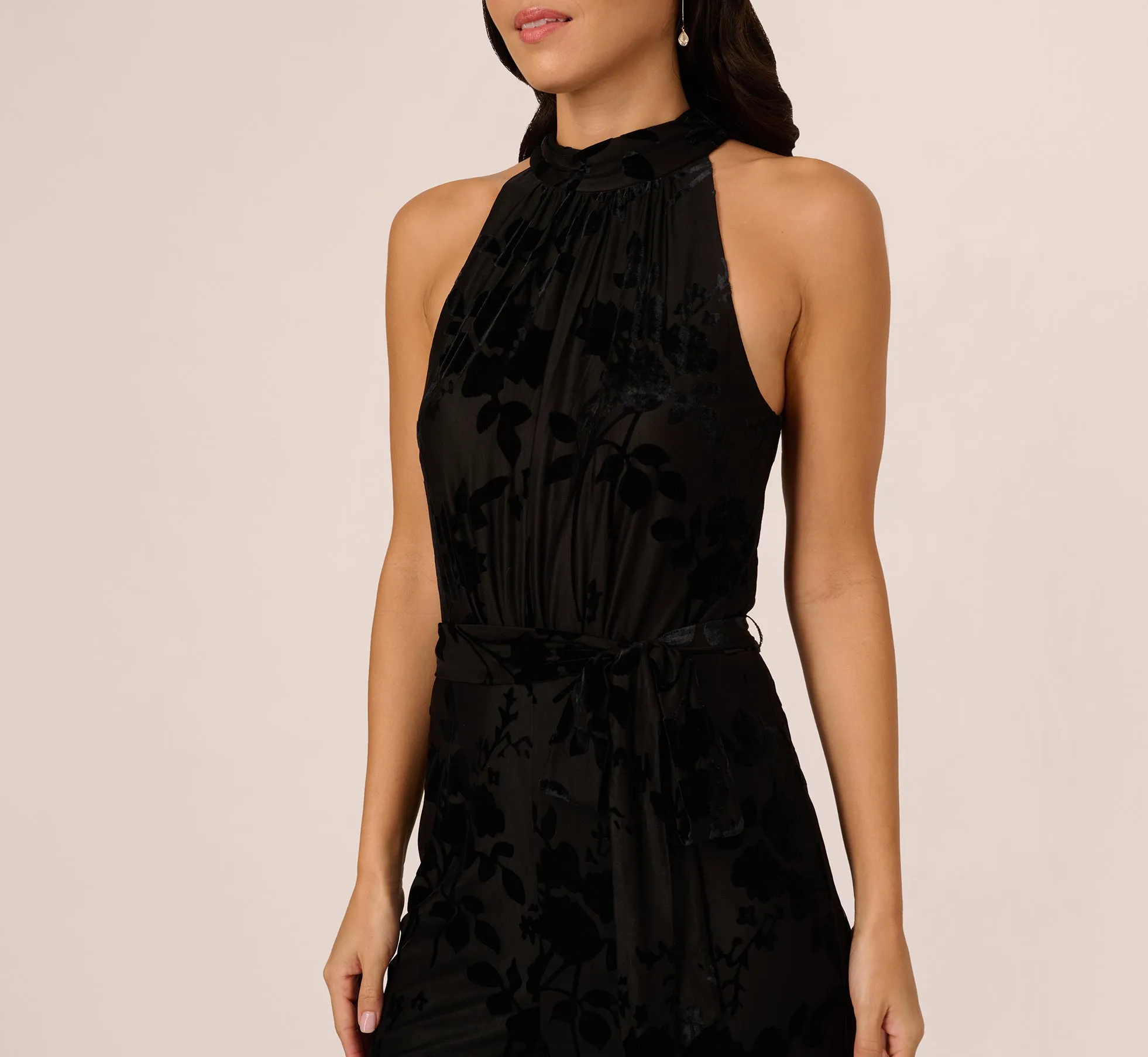 Sleeveless Floral Burnout Velvet Jumpsuit In Black sold by Adrianna Papell product image thumbnail 3