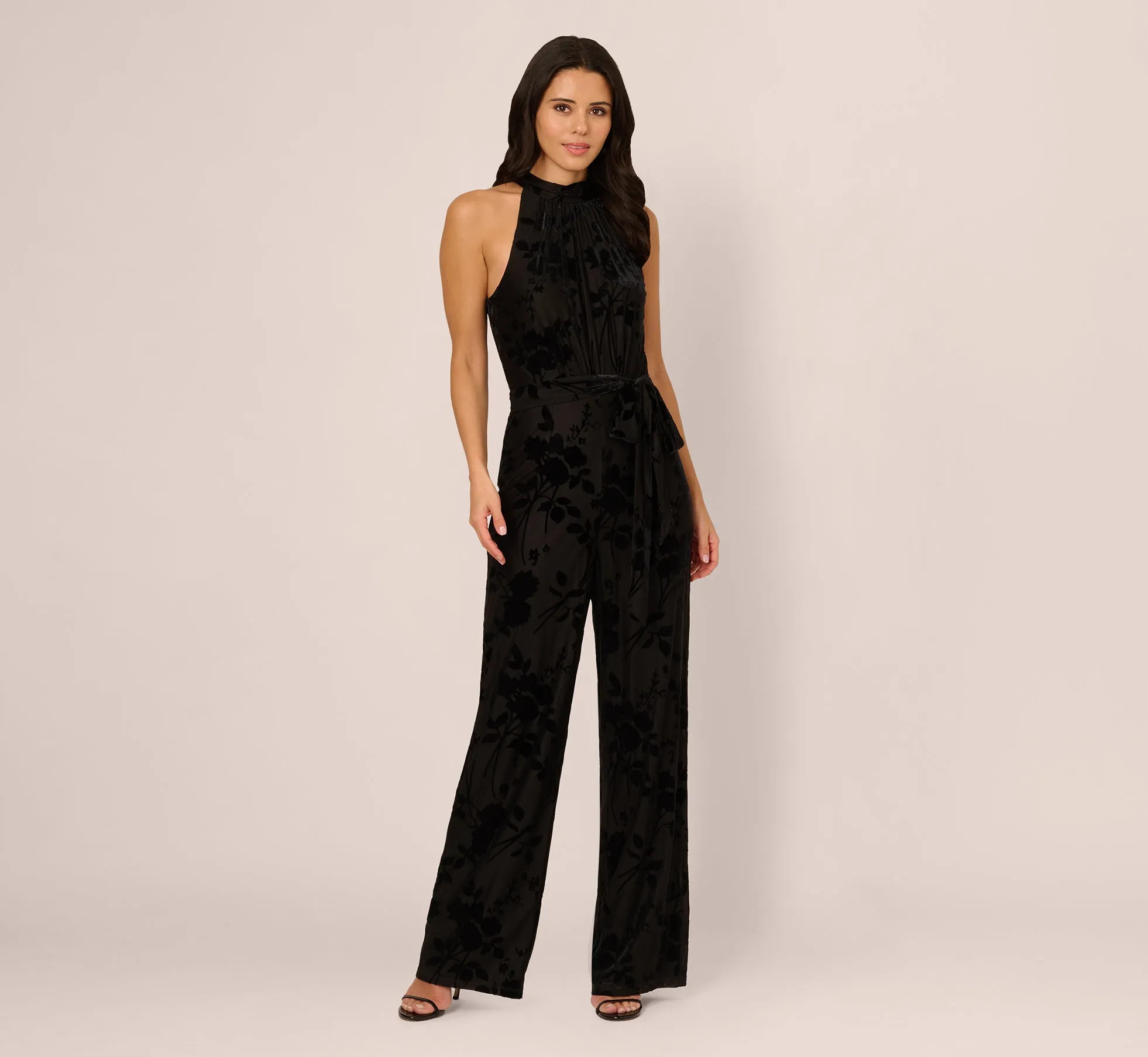 Sleeveless Floral Burnout Velvet Jumpsuit In Black sold by Adrianna Papell product image thumbnail 2