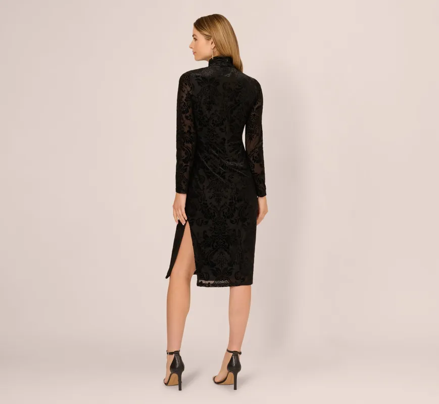 Long Sleeve Damask Burnout Velvet Midi Dress In Black sold by Adrianna Papell