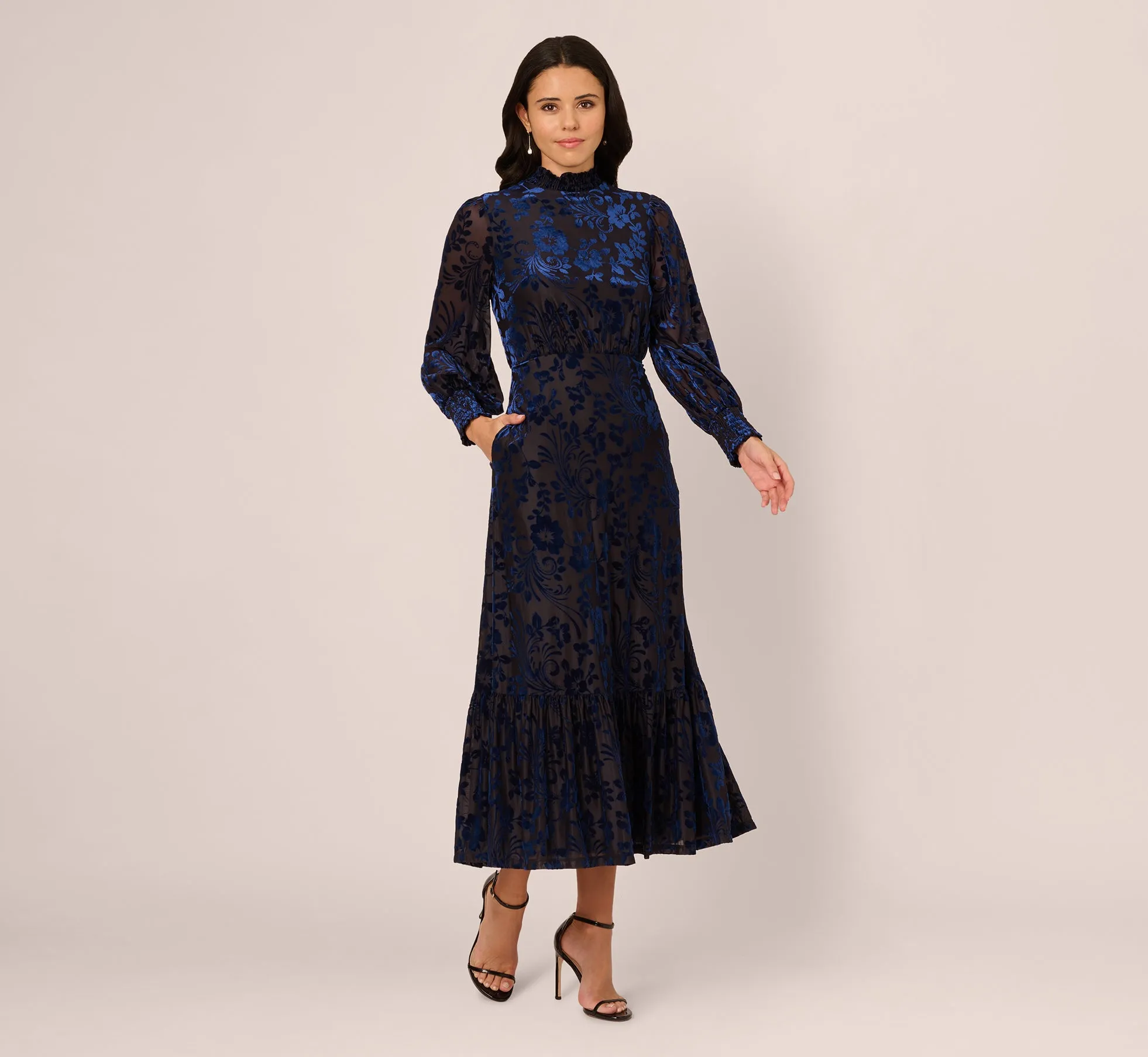 Long Sleeve Floral Velvet Burnout Midi Dress In Light Navy sold by Adrianna Papell product image thumbnail 5