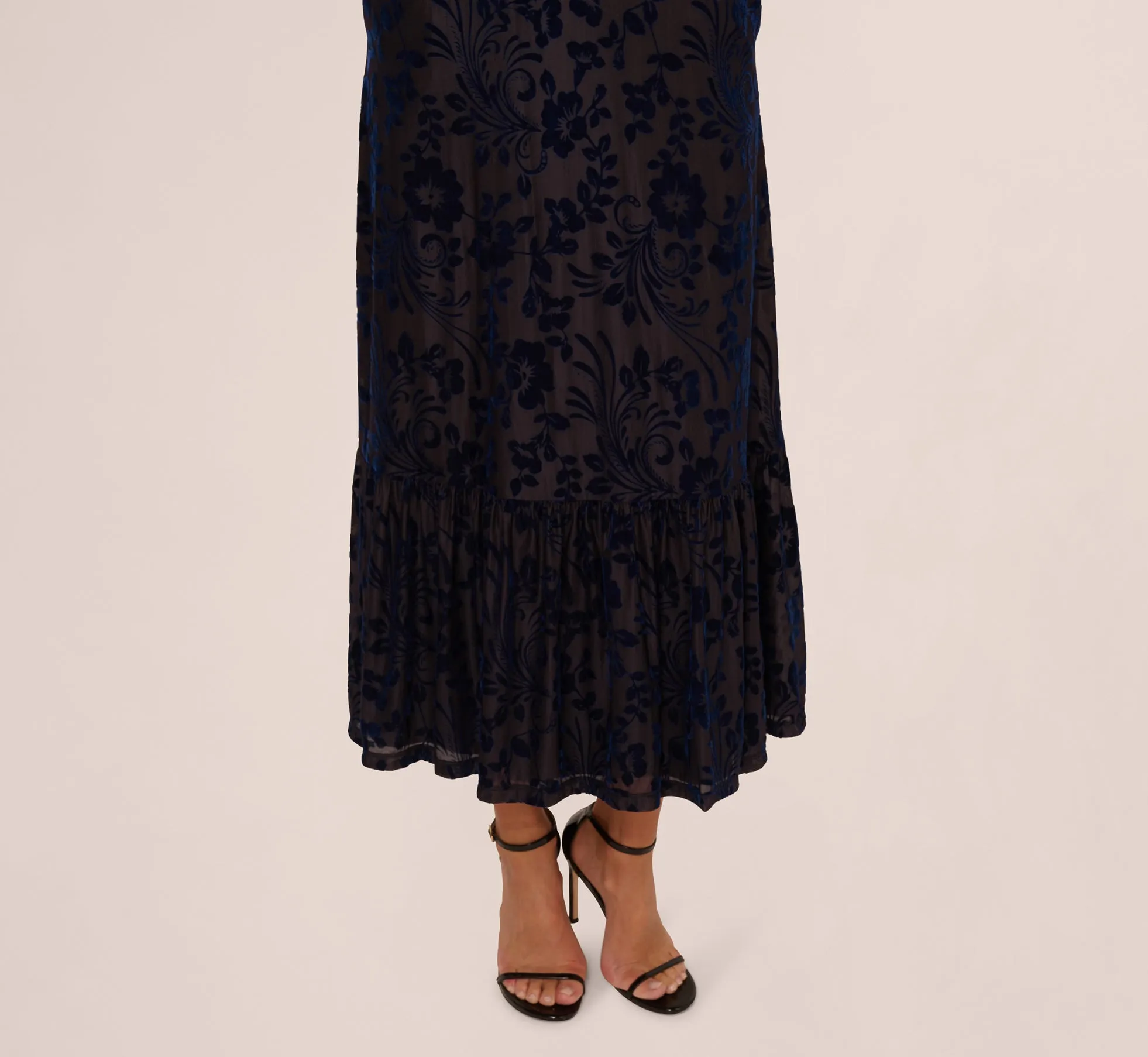 Long Sleeve Floral Velvet Burnout Midi Dress In Light Navy sold by Adrianna Papell product image thumbnail 3