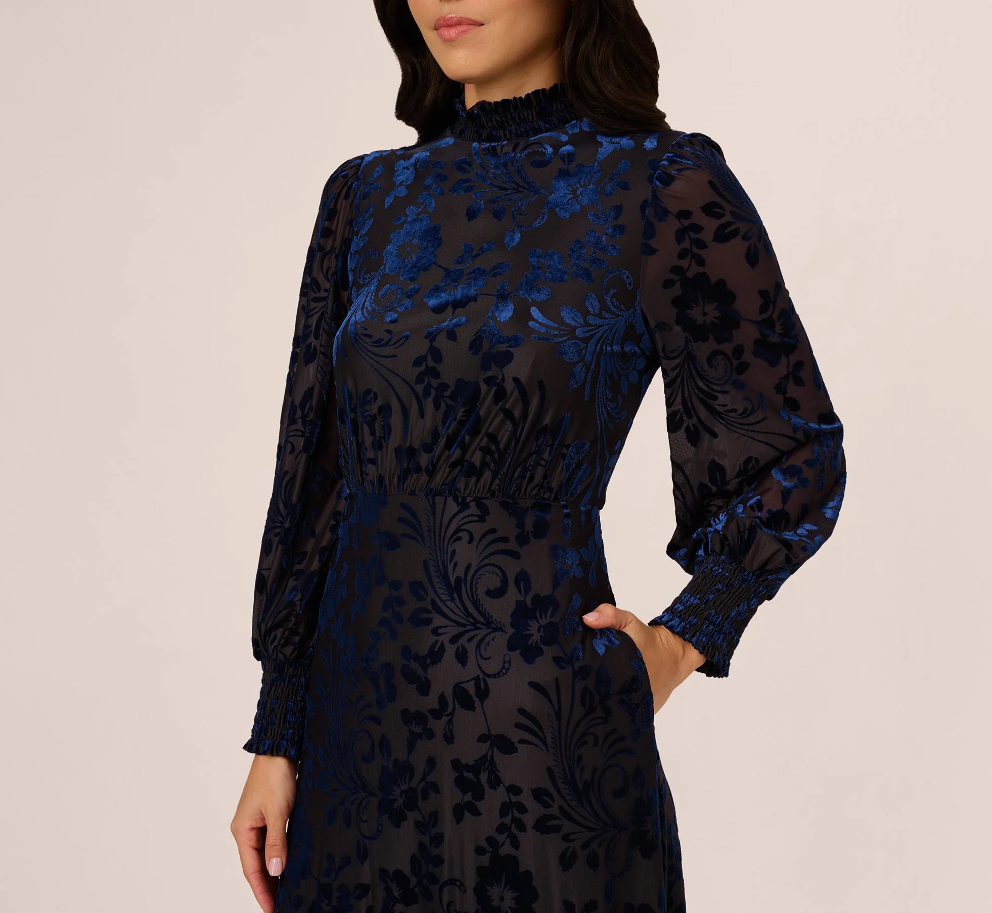 Long Sleeve Floral Velvet Burnout Midi Dress In Light Navy sold by Adrianna Papell product image thumbnail 2
