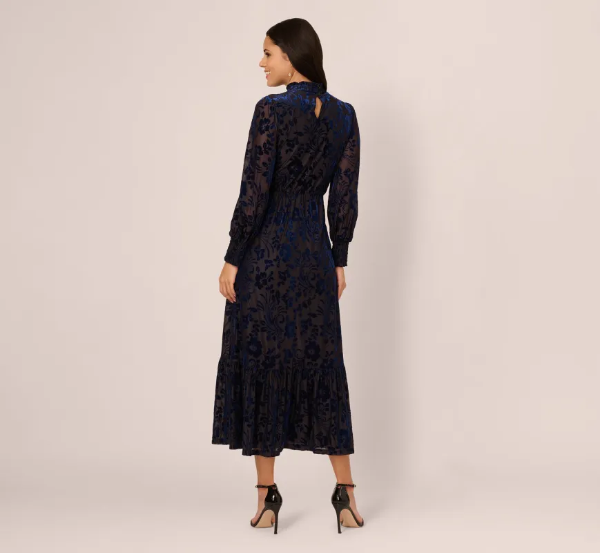 Long Sleeve Floral Velvet Burnout Midi Dress In Light Navy sold by Adrianna Papell