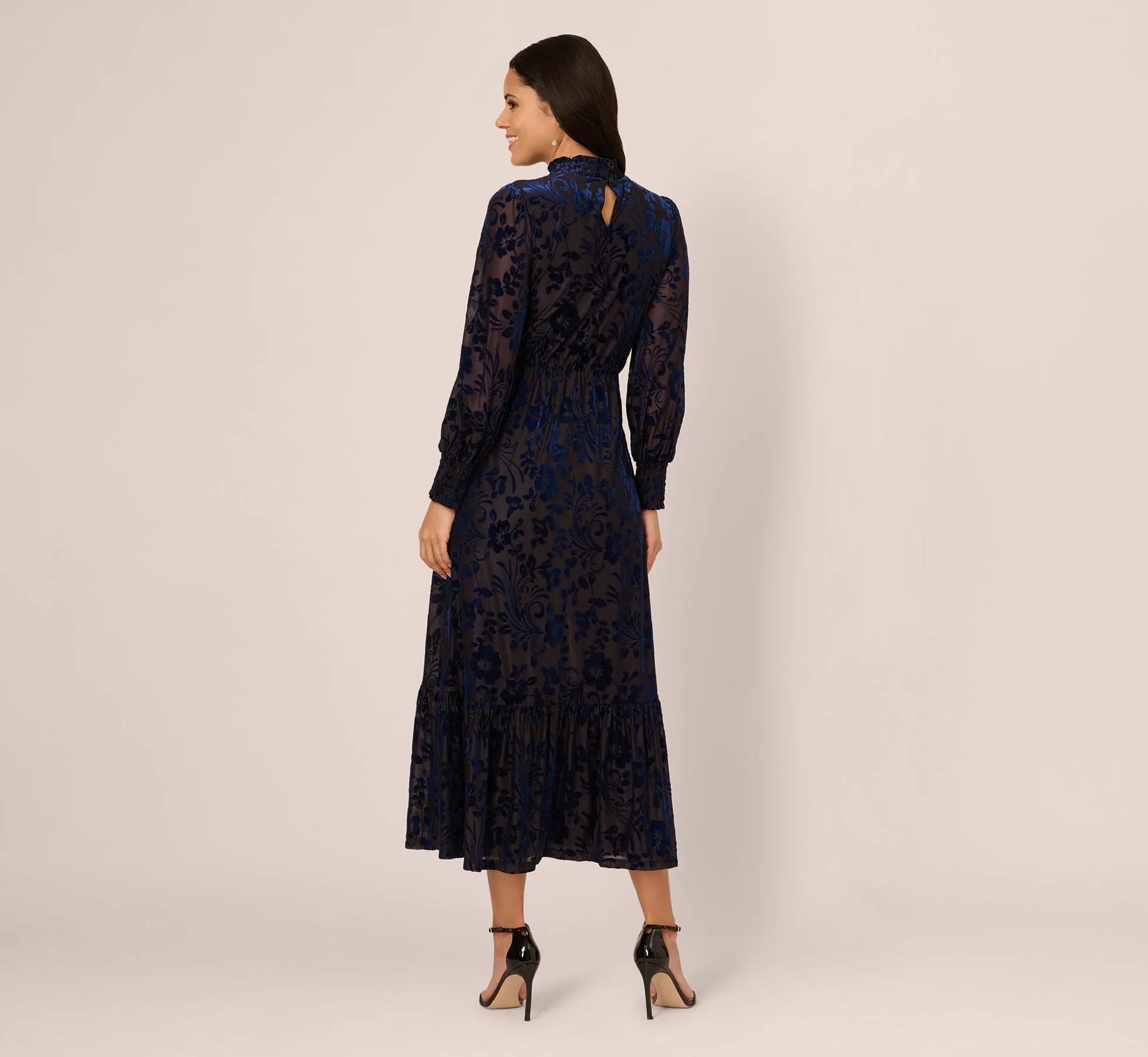Long Sleeve Floral Velvet Burnout Midi Dress In Light Navy sold by Adrianna Papell