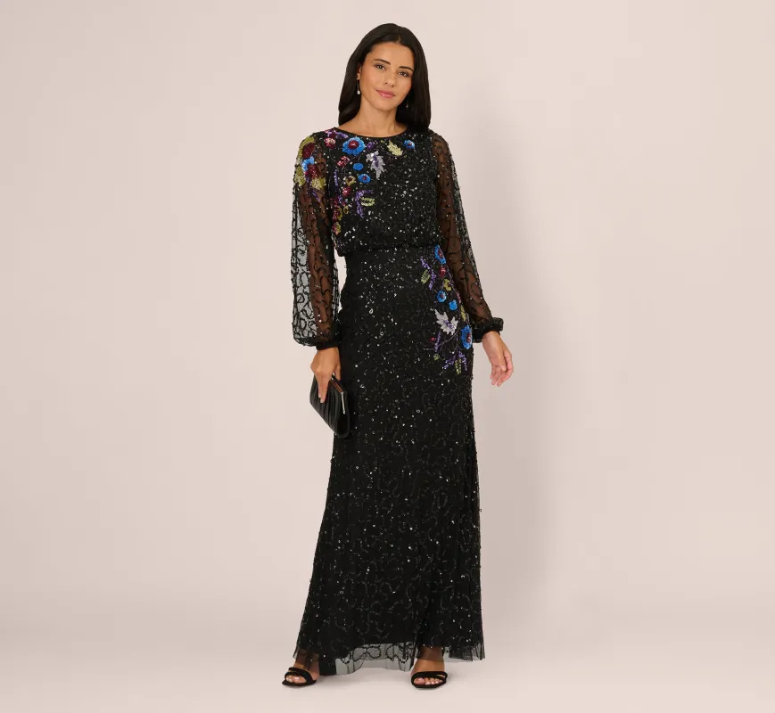 Bishop Sleeve Floral Sequin Bead Gown In Black Multi sold by Adrianna Papell