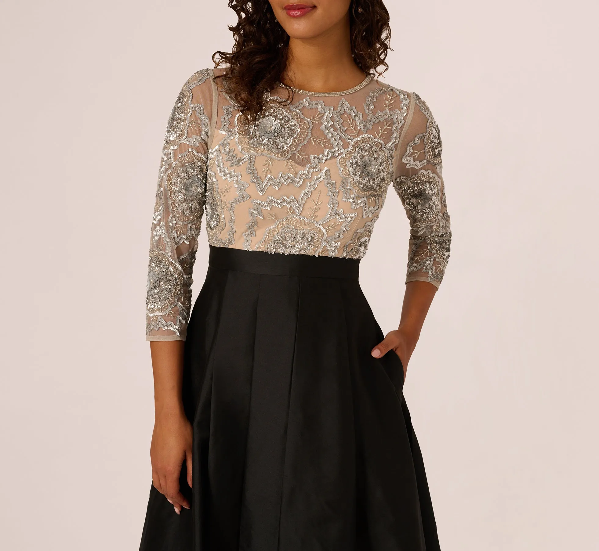 Three Quarter Sleeve Beaded Taffeta Combo Gown In Black Silver sold by Adrianna Papell product image thumbnail 4