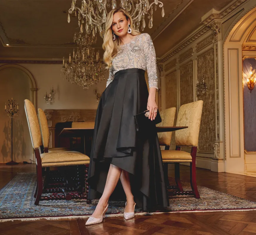 Three Quarter Sleeve Beaded Taffeta Combo Gown In Black Silver sold by Adrianna Papell