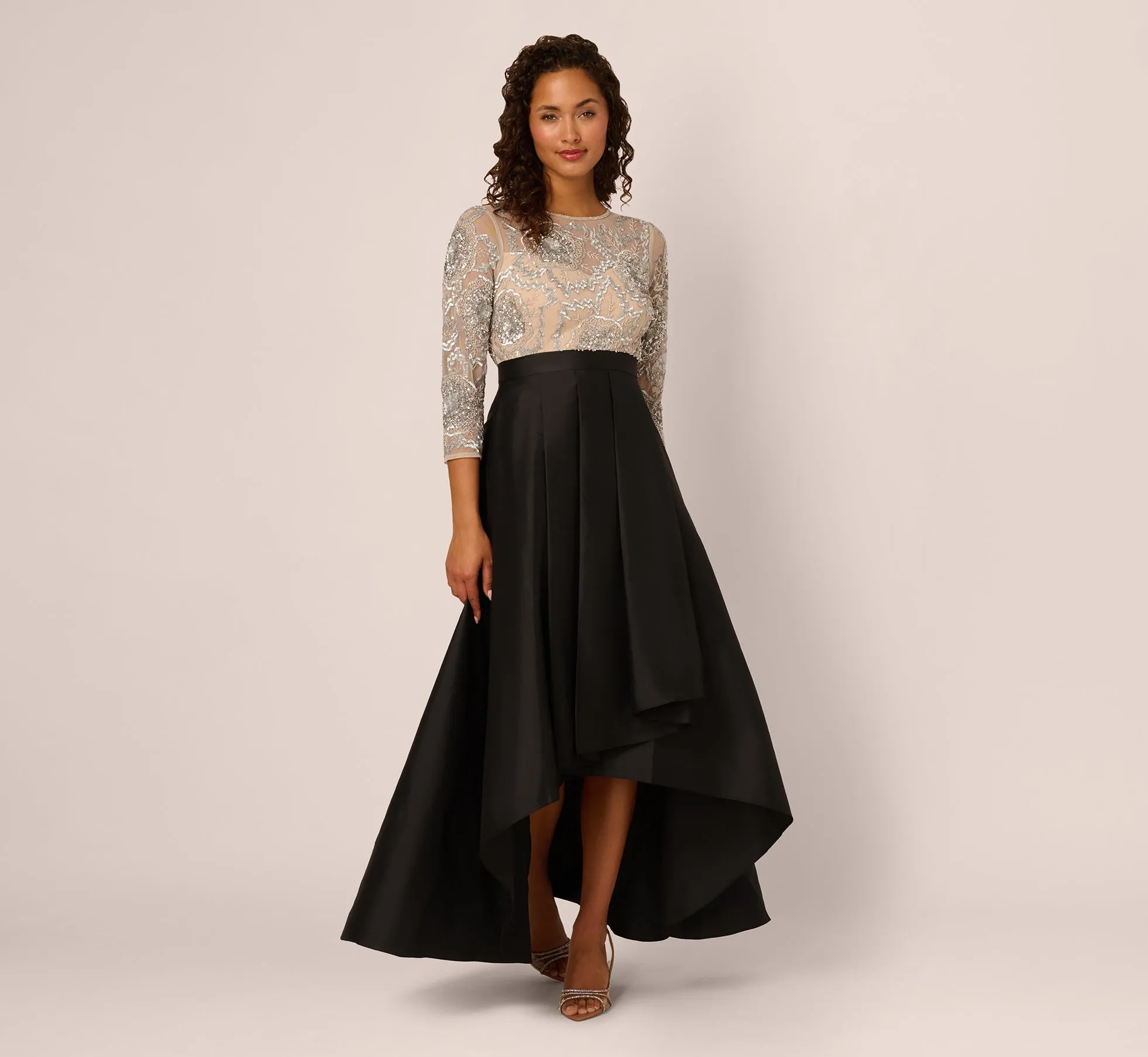 Three Quarter Sleeve Beaded Taffeta Combo Gown In Black Silver sold by Adrianna Papell product image thumbnail 3