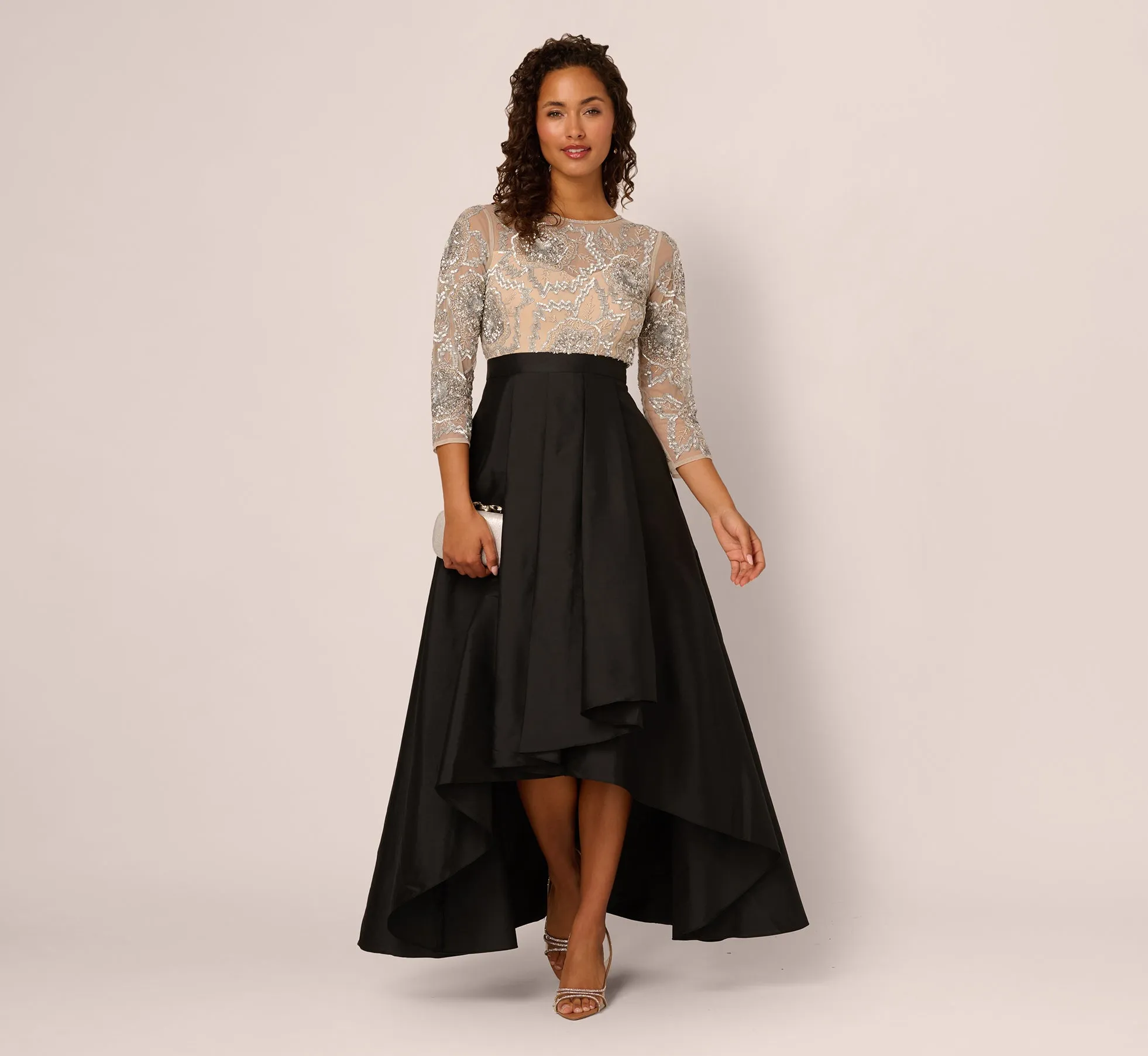 Three Quarter Sleeve Beaded Taffeta Combo Gown In Black Silver sold by Adrianna Papell product image thumbnail 2