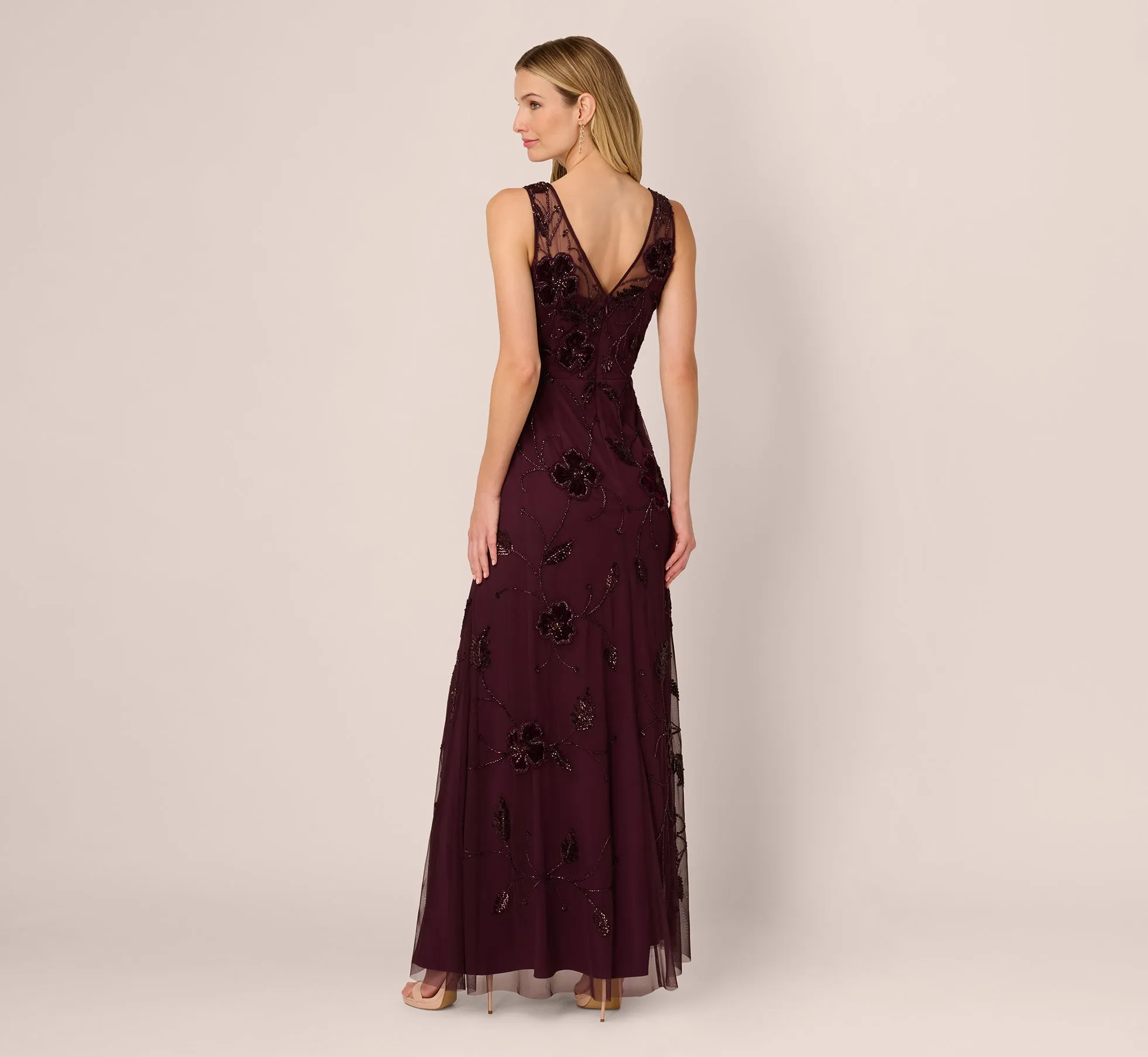 Sleeveless Velvet Beaded Floral Gown In Night Plum sold by Adrianna Papell product image thumbnail 5
