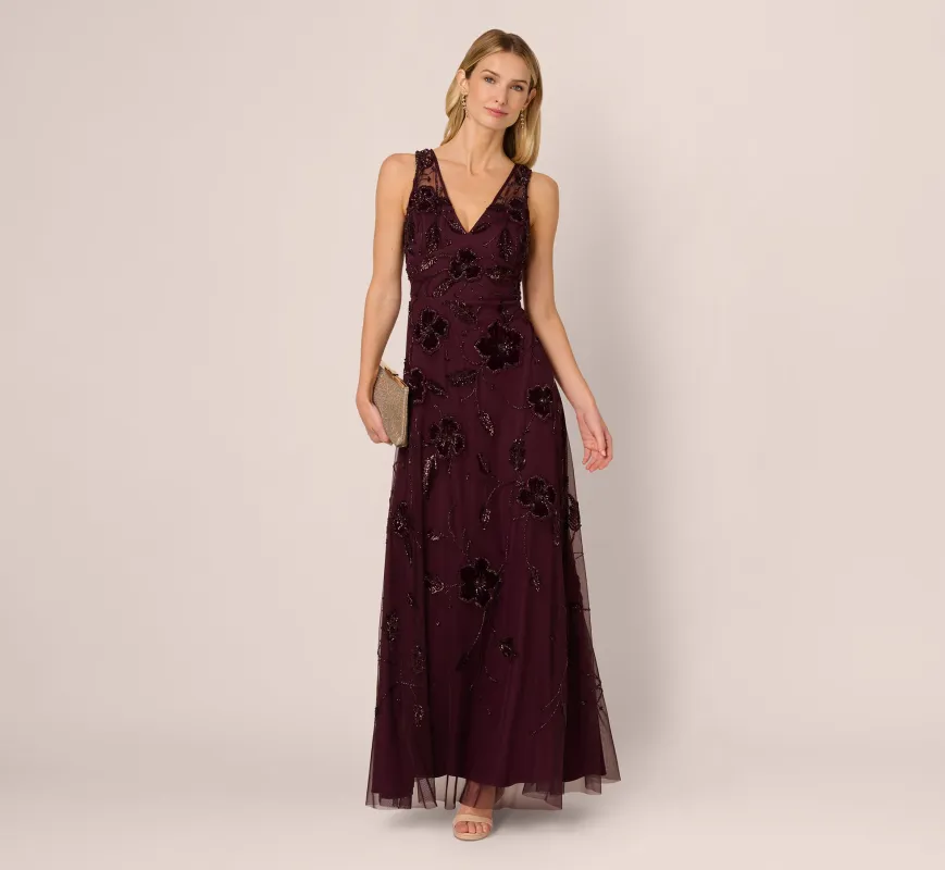 Sleeveless Velvet Beaded Floral Gown In Night Plum sold by Adrianna Papell
