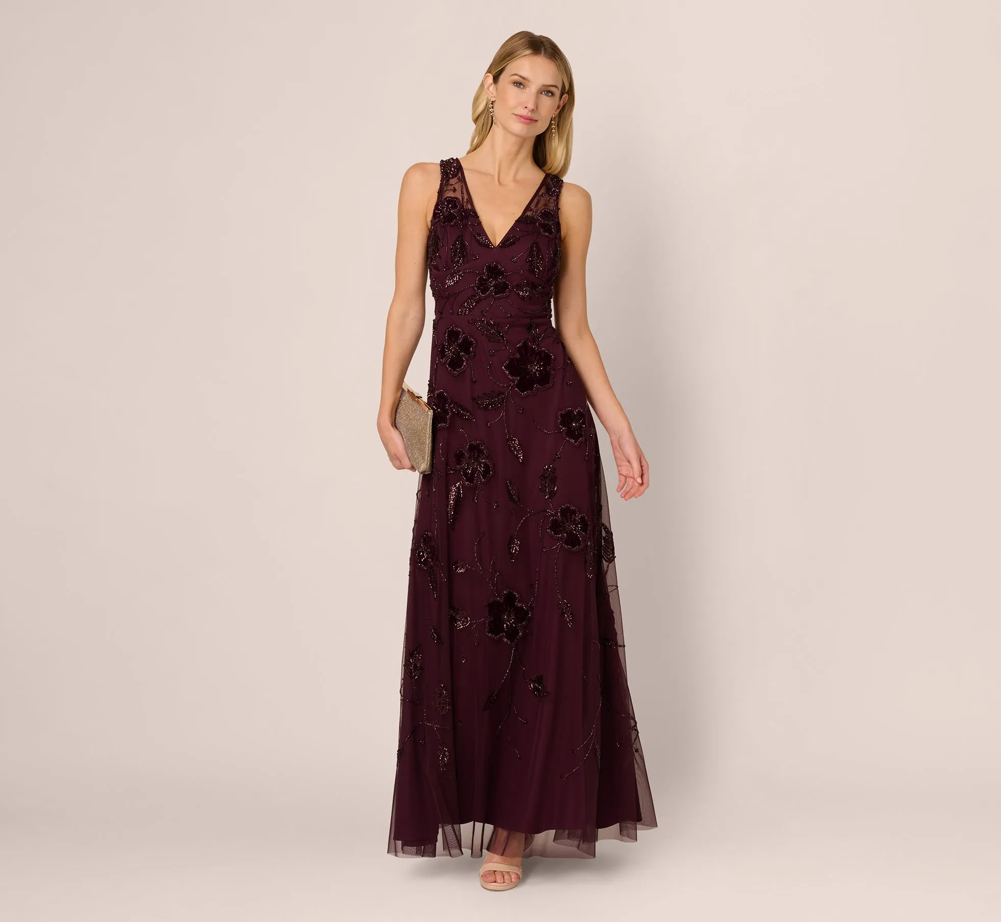 Sleeveless Velvet Beaded Floral Gown In Night Plum sold by Adrianna Papell