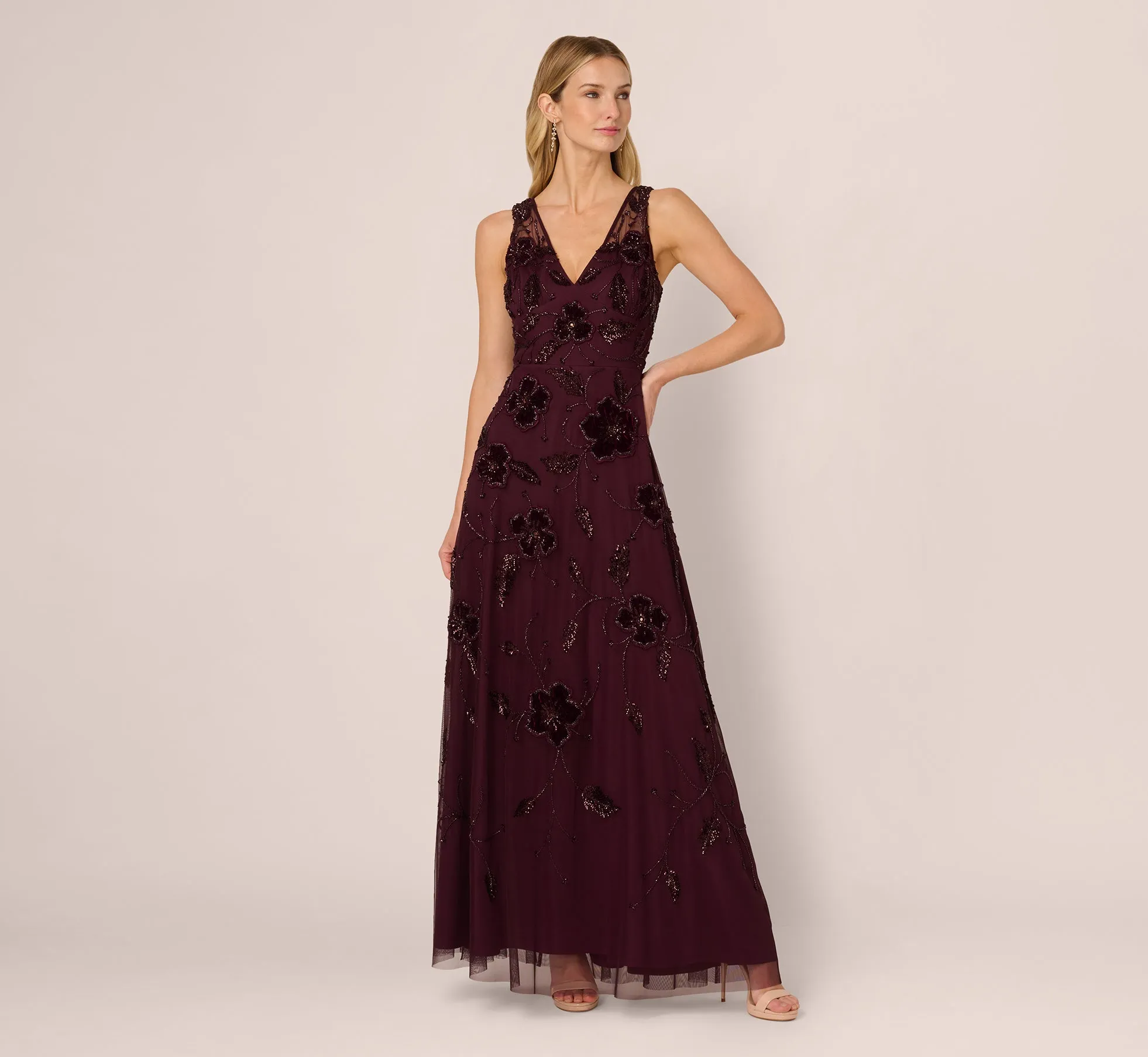 Sleeveless Velvet Beaded Floral Gown In Night Plum sold by Adrianna Papell product image thumbnail 2