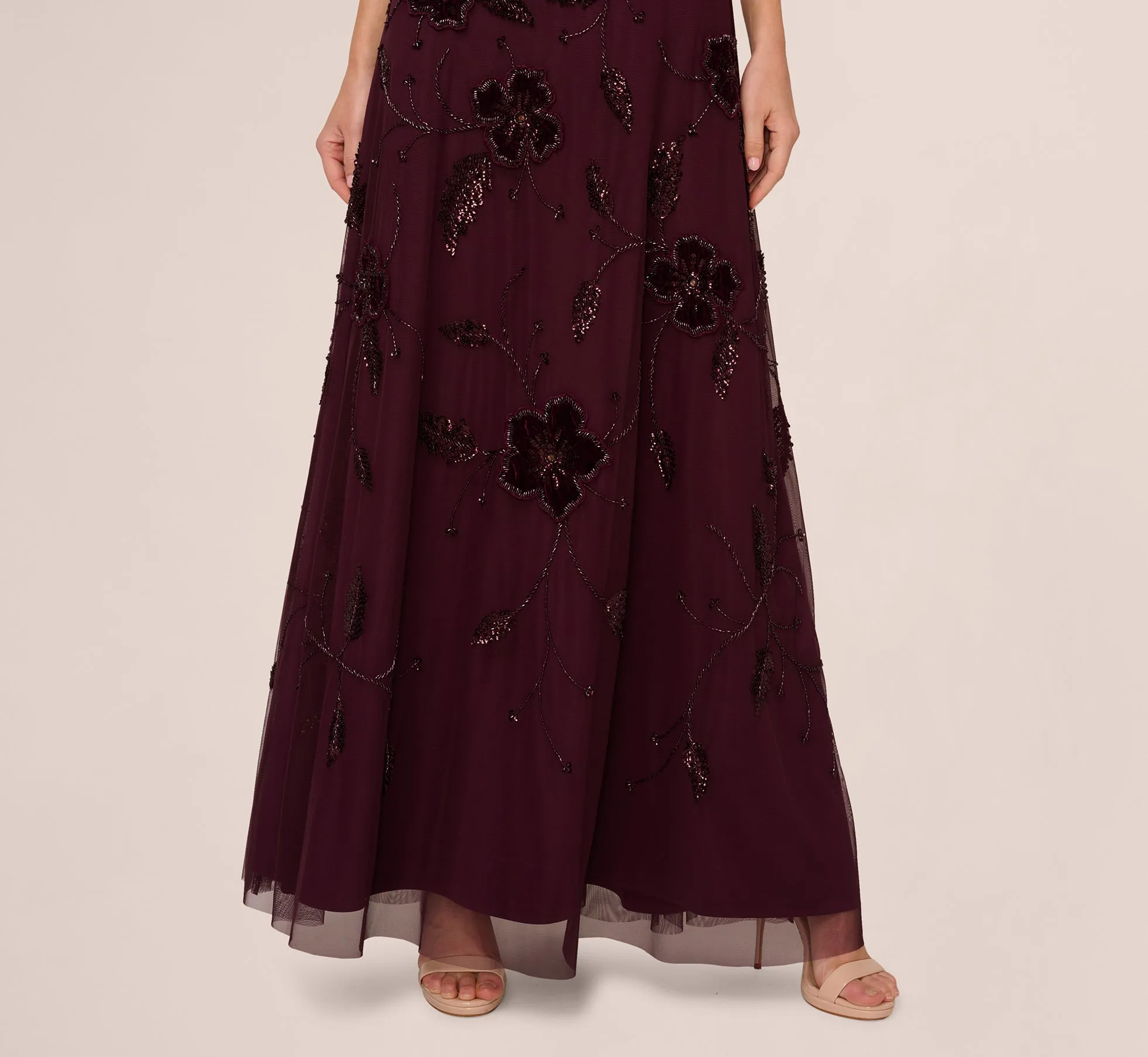 Sleeveless Velvet Beaded Floral Gown In Night Plum sold by Adrianna Papell product image thumbnail 4