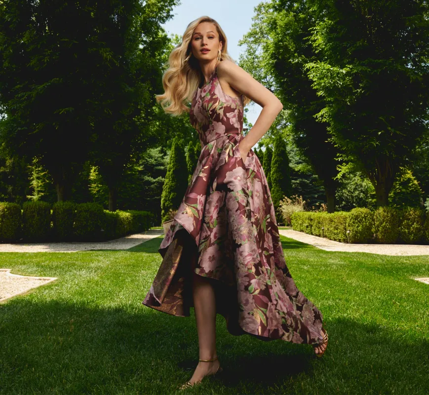 Sleeveless Floral Jacquard High Low Gown In Burgundy Multi sold by Adrianna Papell