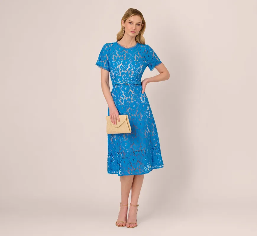 Short Sleeve Belted Lace Midi Dress In Blue Wave In Blue Wave sold by Adrianna Papell
